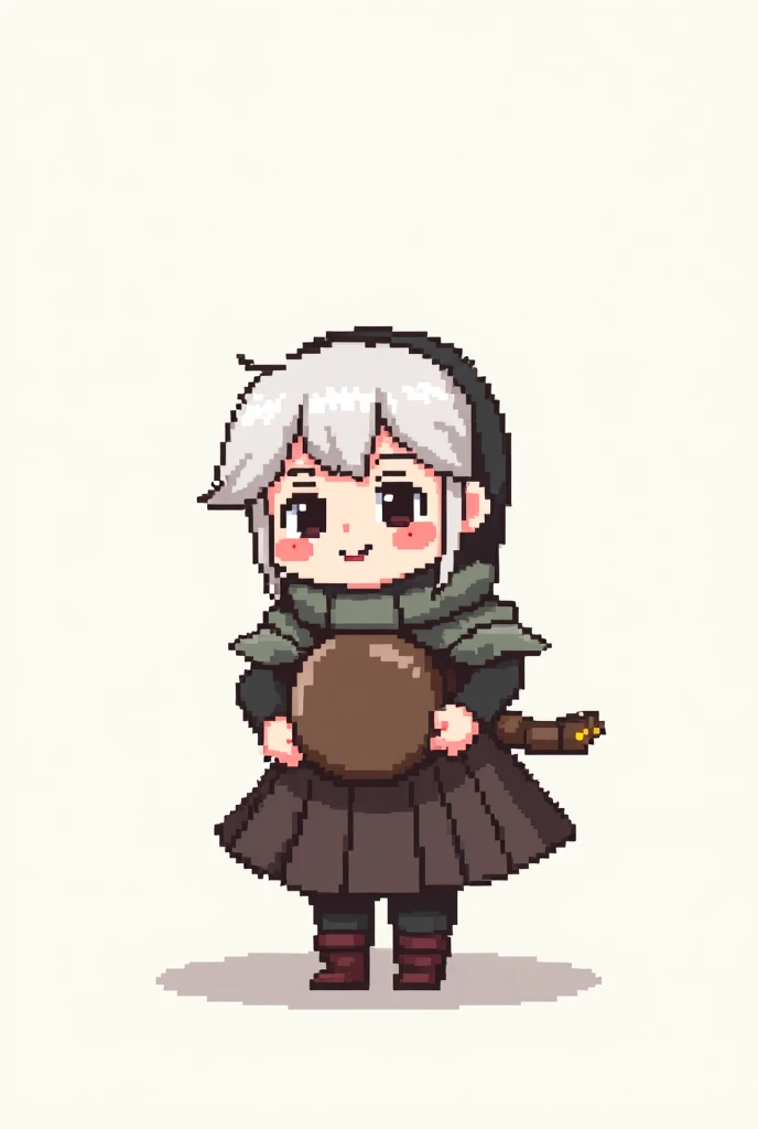 Cartoon image of a holding a stick,, She holds a long stick, Girl characters, Little Fire Breather,A hand with flames,female explorer,Mini cute girl, cute characters, holding a spear, Cute girl holding a spear, White hair,big eyes,Wearing animal skin scarf,Animal tooth earrings,bone necklace,Animal skin one shoulder dress,Bones tied around waist,Plush leg covers