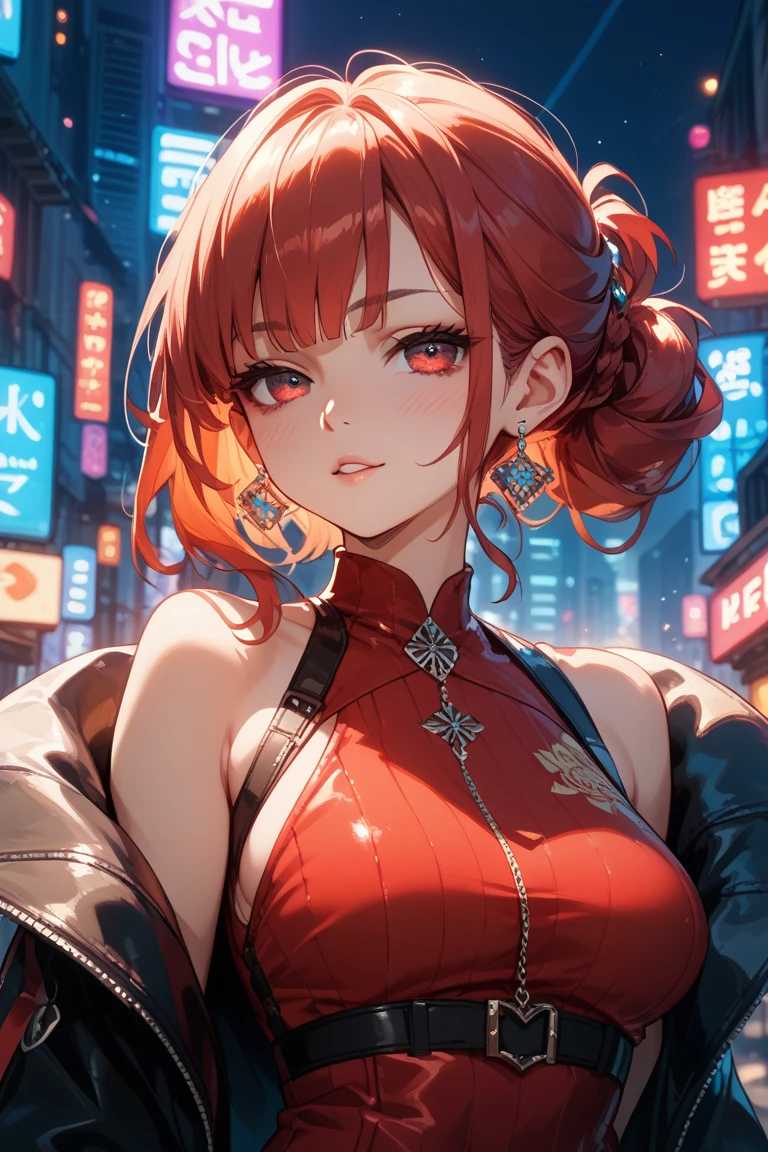 1girl,solo,makima \(chainsaw man\), chainsaw man,super detailed skin,shiny skin,seductive look ,eyelashes,lips gloss,red hair,sidelocks,a braid, large breasts,cleavage cutout,side bob,slit,cheongsam,Chinatown ,off-street,from side,from below,masterpiece,best quality,ultra detailed,high resolution,sharp focus