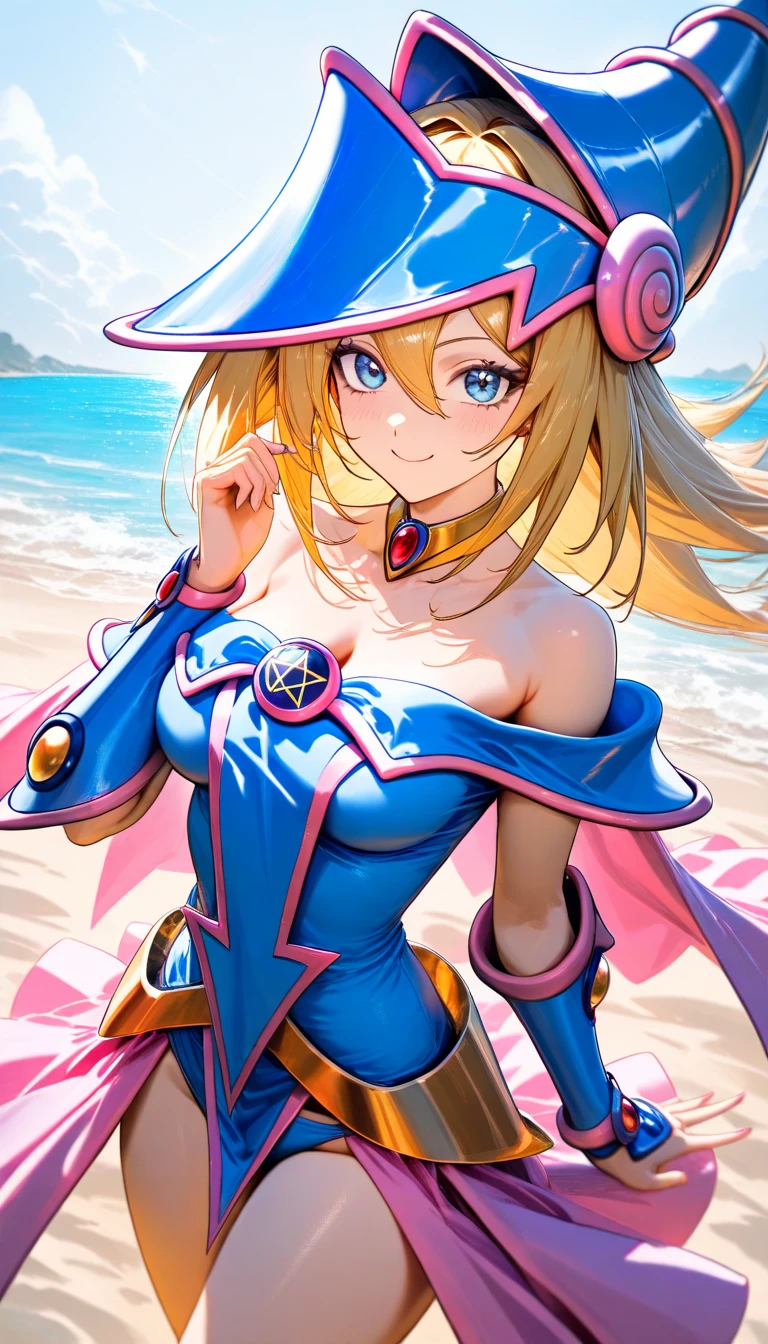 、moon、Starry Sky、firework、Ocean、Sandy Beach、(Realistic Shadows)Straight、Dark Magician Girl、breast focus、Medium chest、Stylish pose、smile、Good wink(Drunk:1.2)Head tilted skinny 、Slim waist、 White Micro Bikini