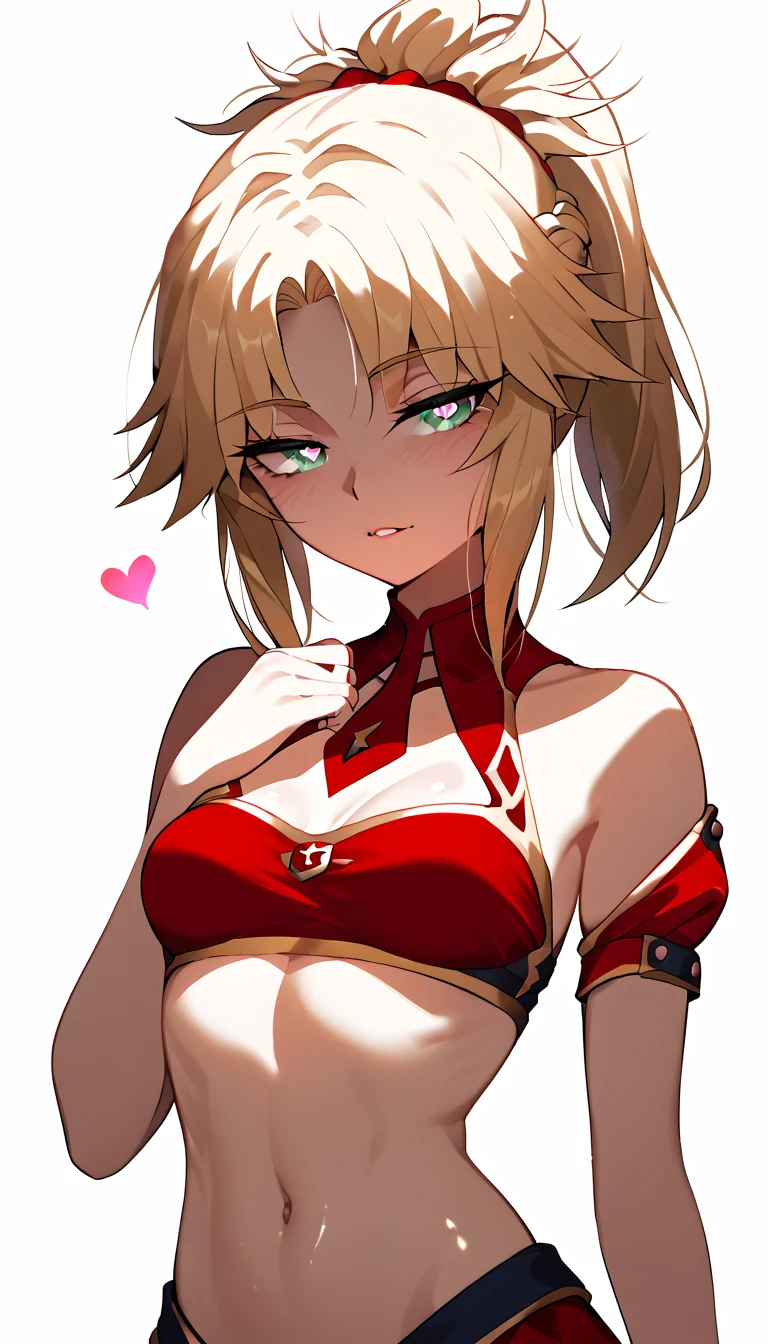 1 Female、Small breasts、Blonde ponytail、Round red eyes、Fine and beautiful skin、smile、smile、Ahoge、Upper body close-up、A detailed red rider's jacket、Wear a big jacket、Cinematic Light、Golden hour sky