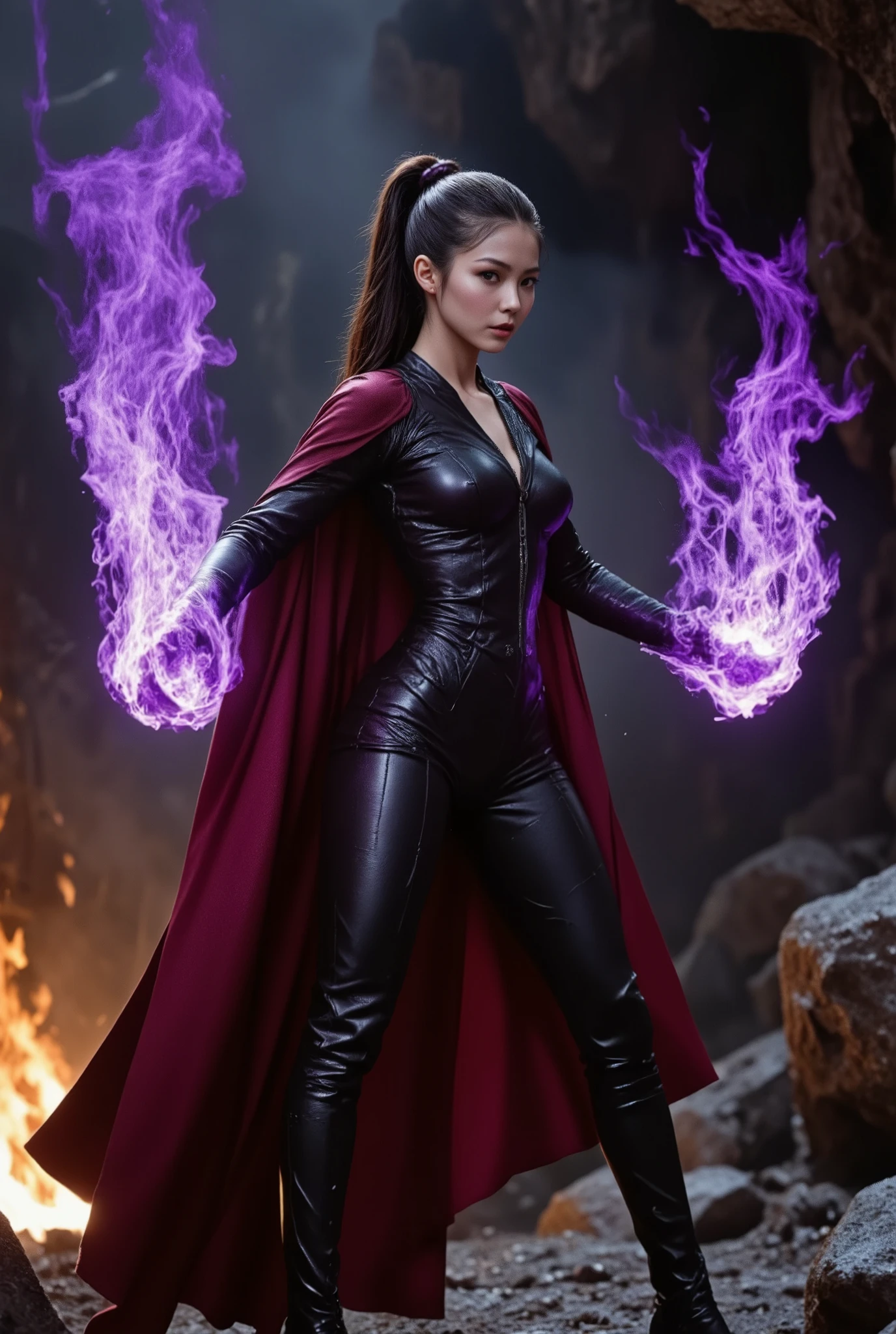 Asian woman with long dark hair styled in a high ponytail stands with a powerful pose, arms outstretched, conjuring purple void flames at her fingertips. She wears a striking black leather outfit, featuring intricate details and a form-fitting design, paired with a flowing deep red cape draped over her shoulders. Her gaze is directed intensely towards the glowing source of energy behind her, which illuminates the dark, rocky background. The scene is set in an eerie, mystical environment with fiery elements, creating a dramatic and magical atmosphere.