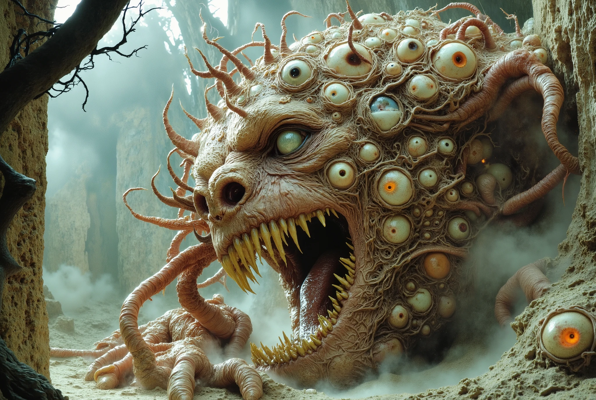 a monster made of eyeballs, highly detailed, photorealistic, 8K, hyperrealistic, dramatic lighting, gothic horror atmosphere, dark fantasy, inspired by Bloodbourne Darksouls Lovecraftian Eldritch, detailed eldritch horror, twisted and grotesque features, tentacles and writhing limbs, grim and unsettling expression, ominous medieval dungeon amphitheatre background swirling with eldritch plasma energies