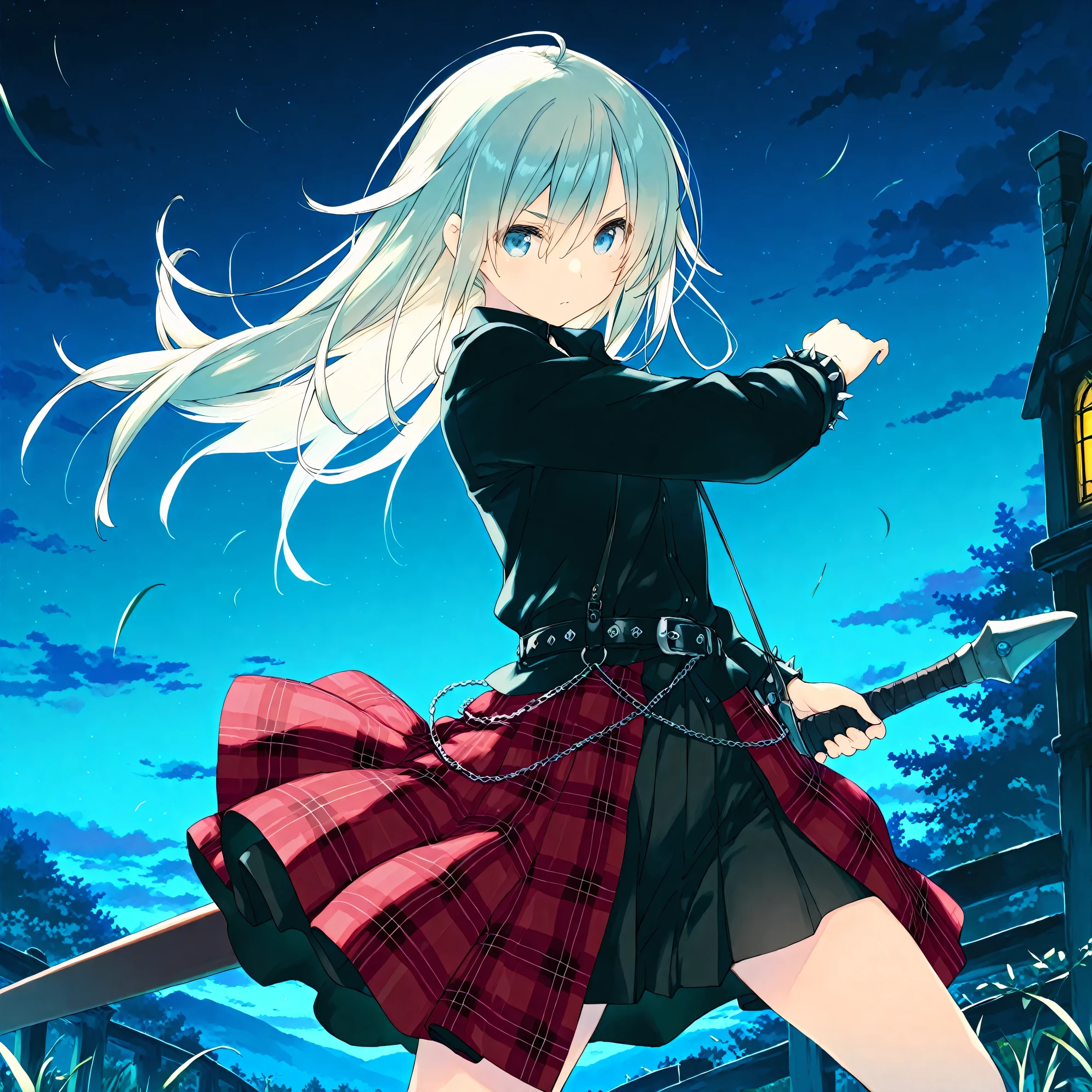 (masterpiece), (best quality), (ultra-detailed),(artist:kokonoka),artist:fujiyama,artist:amazuyu_tatsuki,1girl,  beautiful detailed eyes,punk, night,weapon, stance, outdoors, wind,fantasy,very aesthetic illustration