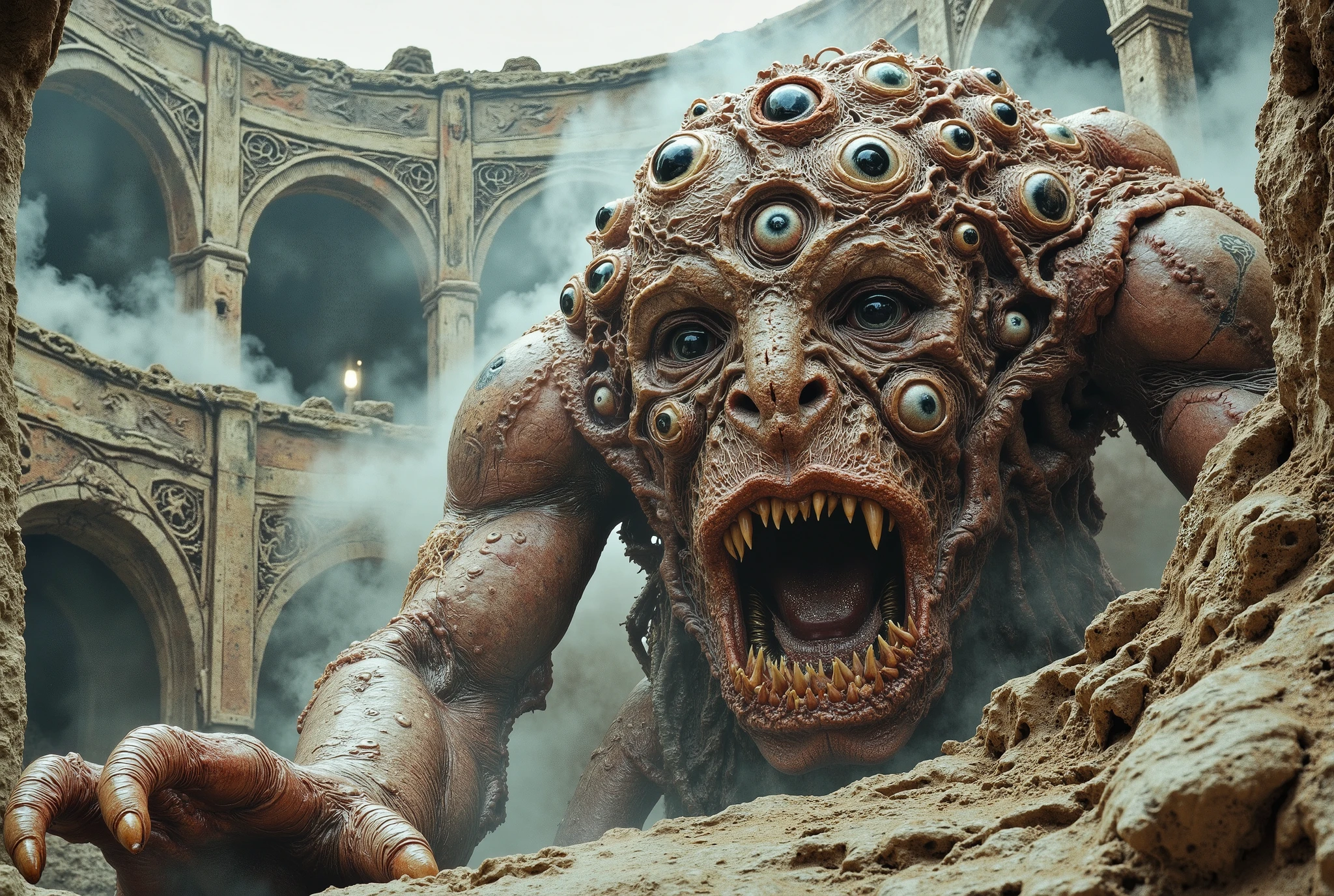 a monster made of eyeballs, highly detailed, photorealistic, 8K, hyperrealistic, dramatic lighting, gothic horror atmosphere, dark fantasy, inspired by Bloodbourne Darksouls Lovecraftian Eldritch, detailed eldritch horror, twisted and grotesque features, tentacles and writhing limbs, grim and unsettling expression, ominous medieval dungeon amphitheatre background swirling with eldritch plasma energies
