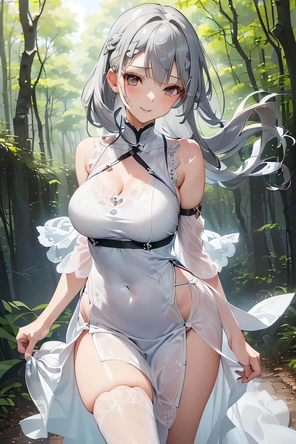 (masterpiece), (highest quality), (super detailed),(messy hair),(figure), (1 girl), (fashionable clothes), Are standing, Fashion Model , perfect face,floating,(high color saturation),(colorful splashes),colorful bubble,(shining),focus on face, (hair ornaments) , earphone, long hair, ((panties)), panty house, white lace, Upper body, gray hair, shiny hair, big_chest, action_Pause, heavy breathing, Sweat, Glossy skin, Beautiful detailed eyes, white clothes, white lace gloves, figure, See-through, white lace underwear, transparent clothes, fashion clothes, (((forest))), portrait, Chinese service, Upper body, very sexy, craving sex
