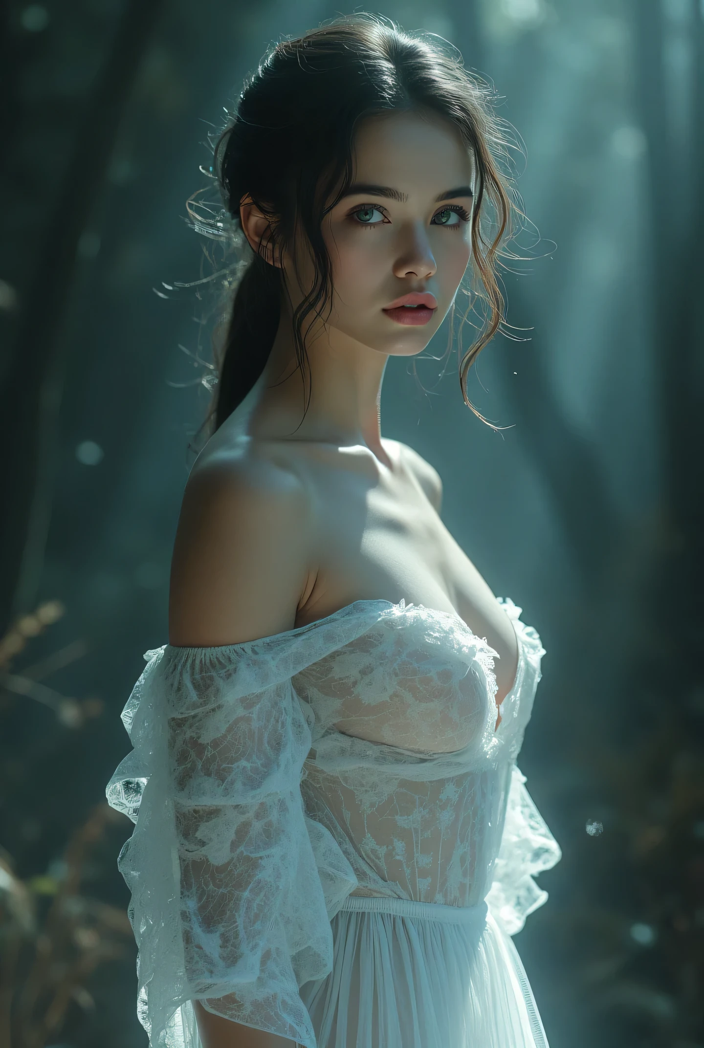An ultra-realistic, ethereal portrait of a young woman in her 14teens from Russia in a dark, mysterious setting that evokes nostalgia, dreams, and otherworldly wonder. She stands naked with her breast exposed in a dimly lit forest clearing, her delicate features illuminated by a faint, silvery glow. Her flowing body seems to shift between reality and illusion, with faint, dreamlike patterns that ripple like reflections in water. Her wide, haunting eyes hold a mixture of longing and curiosity, as if gazing into another world. Surrounding her are subtle elements of surrealism. The atmosphere is a blend of cinematic realism and dreamlike mysticism, with intricate textures and ethereal lighting that create a sense of timeless beauty and haunting mystery, 8k, best quality, perfect nipples, small nipples, nipples