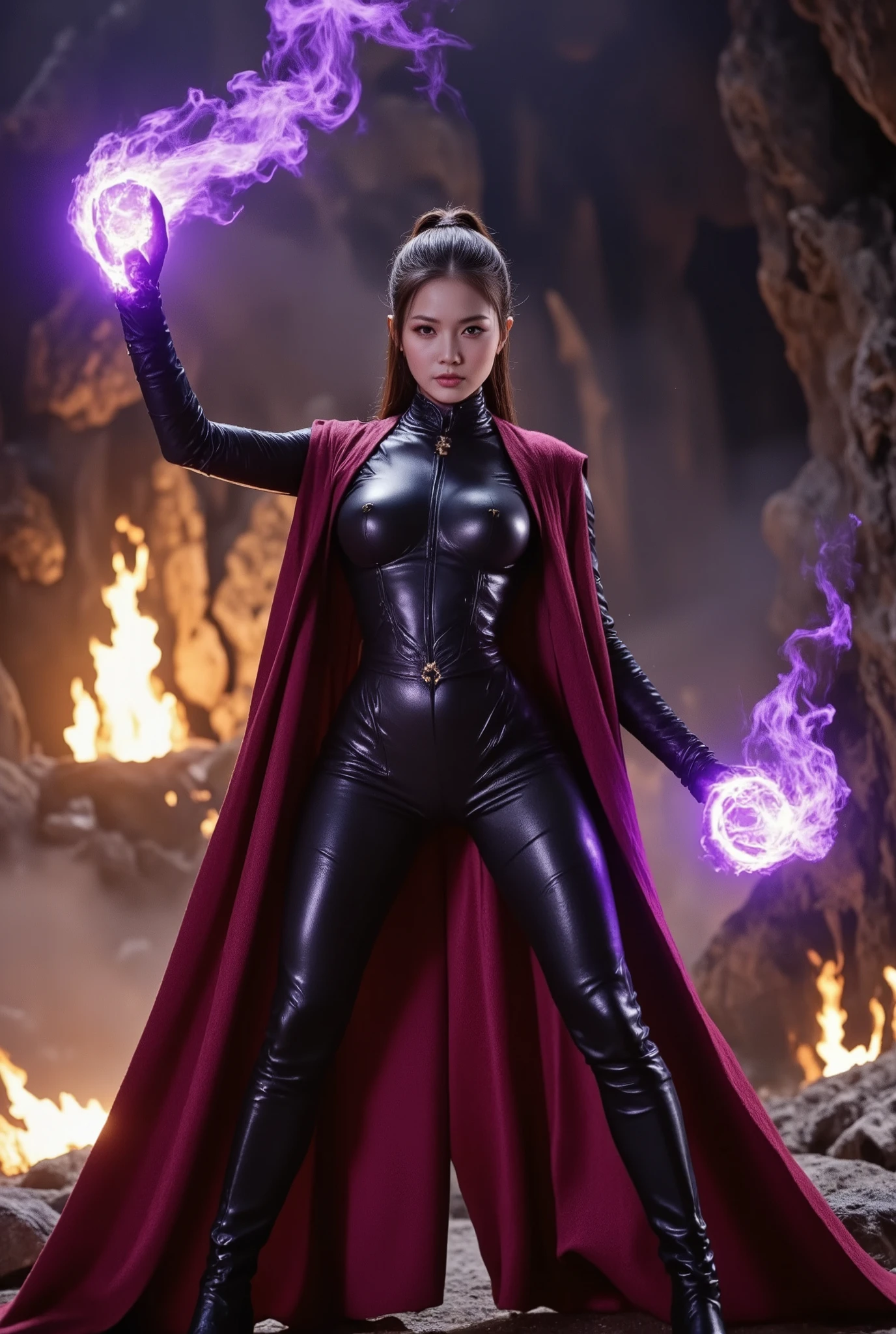 Asian woman with long dark hair styled in a high ponytail stands with a powerful pose, arms outstretched, conjuring purple void flames at her fingertips. She wears a striking black leather outfit, featuring intricate details and a form-fitting design, paired with a flowing deep red cape draped over her shoulders. Her gaze is directed intensely towards the glowing source of energy behind her, which illuminates the dark, rocky background. The scene is set in an eerie, mystical environment with fiery elements, creating a dramatic and magical atmosphere.