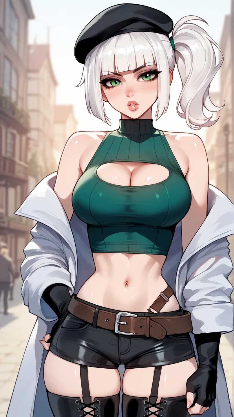 work of art, top-quality, ultra detali, 8k under CG unit, 1 girls, in this, focus on in this, big in this, breasts big, braided hair, braided ponytail, colored nailins, Women&#39;s dress, female focus, female only, kimono, looking ahead at viewer, nailin, nailin polish, thick in this, thick thicc thighs, thicc thighs