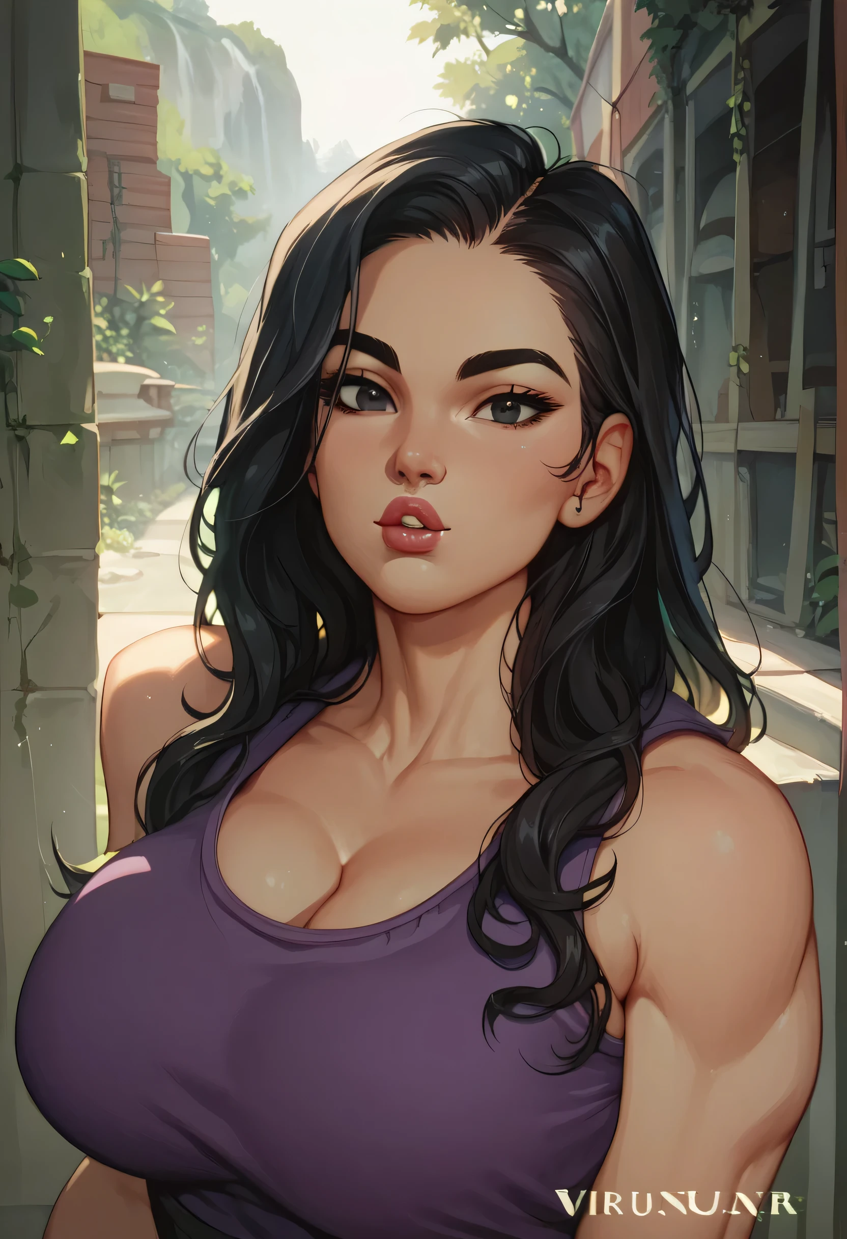 (perfect face), black hair, long hair, black eyebrows, (natural eyebrows), black eyes, black eyeliners, nose, lips, thick lips, parted lips, large breasts, (tank top), (purple tank top), ((looking at viewer))