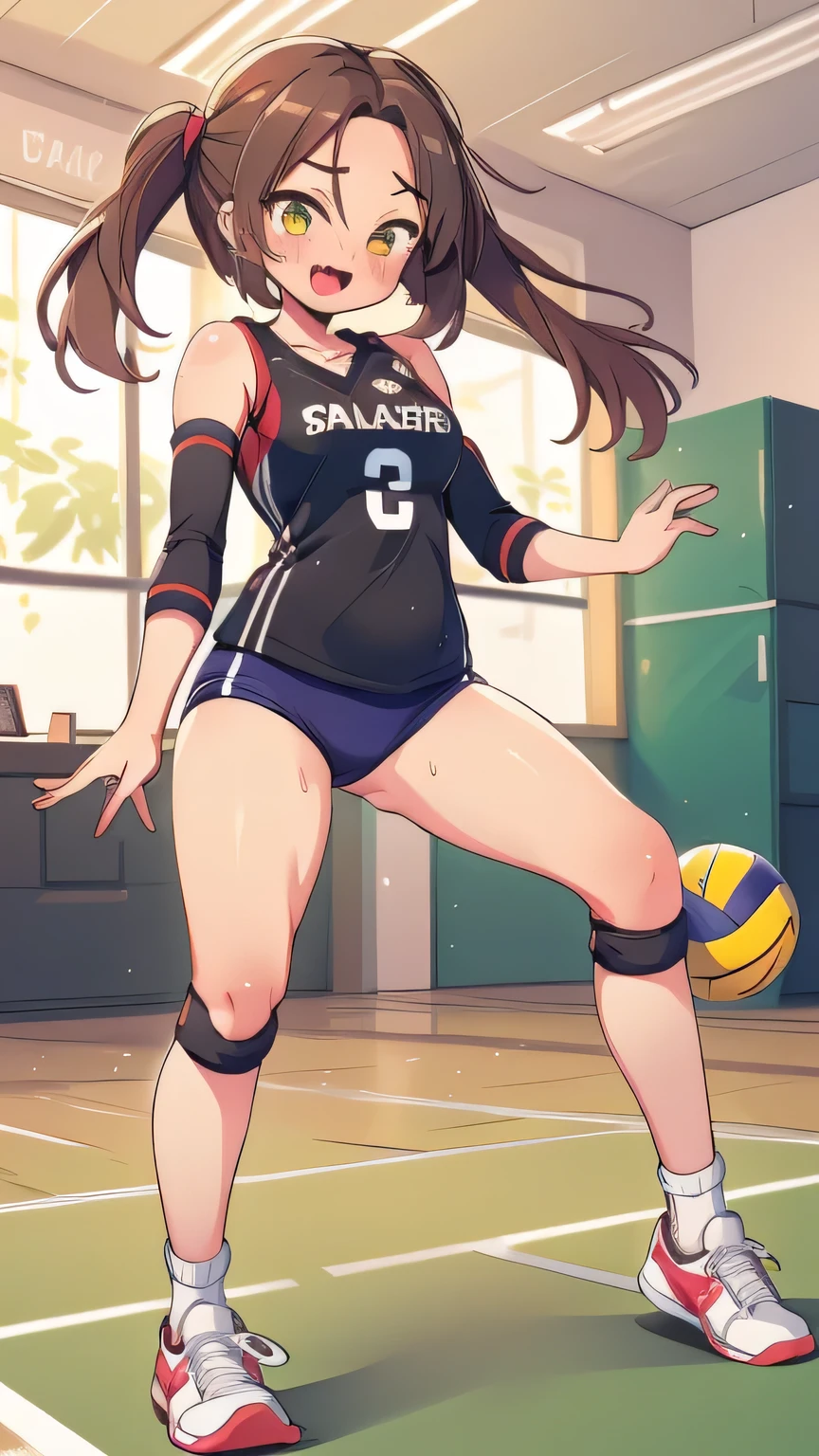 1girl absurdres ball black_footwear black_shirt brown_hair commentary_request detached_sleeves fang hair_between_eyes highres indoors long_hair original playing_sports shirt shoes skin_fang sleeveless sleeveless_shirt sneakers sportswear sweat vegetablenabe volleyball volleyball_(object) volleyball_uniform yellow_eyes