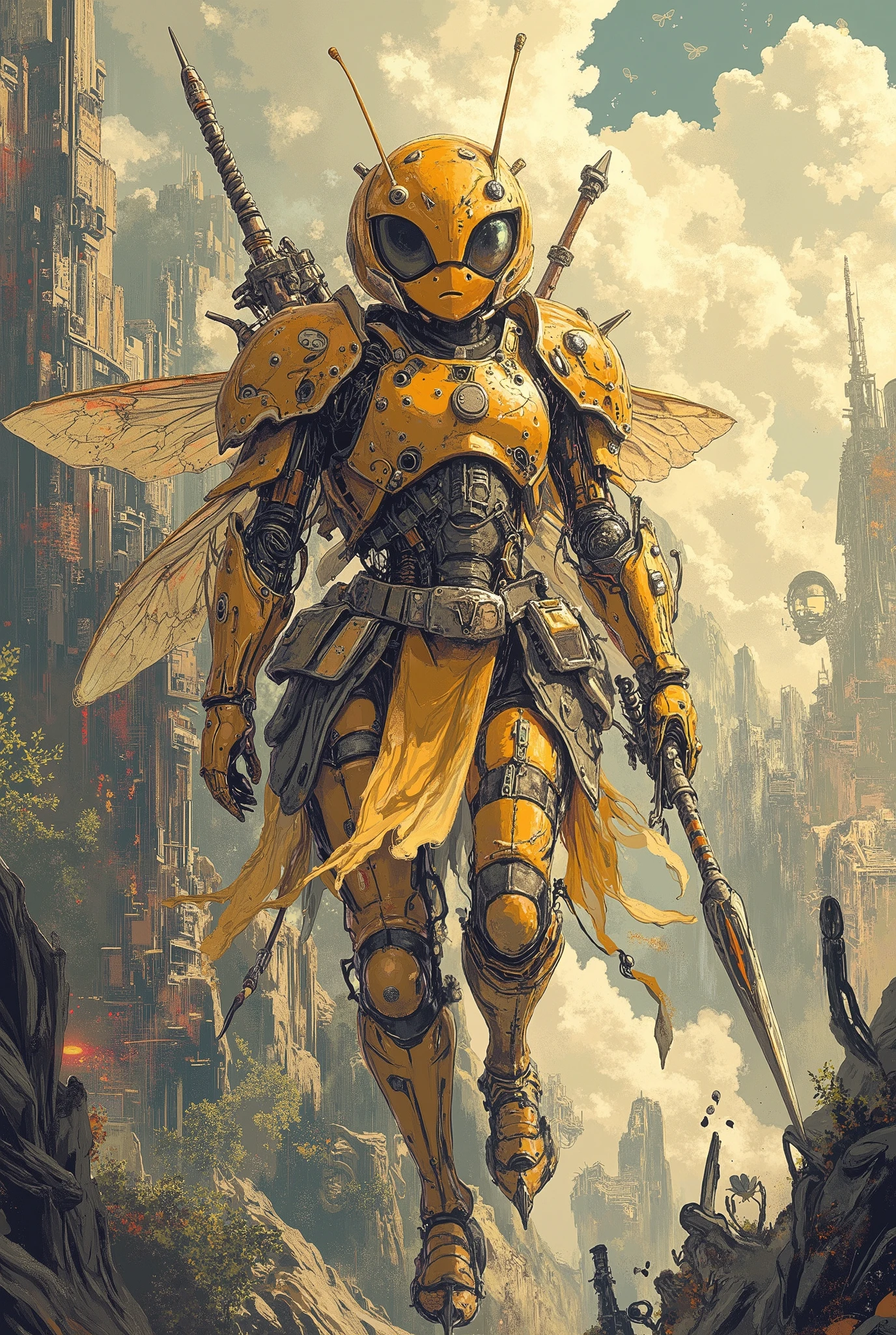 bee warrior ,fantasy armor, Meisterwerk, Best quality, Super Detail,4k,fliegend, bright light in the background , extremely detailed 8k photo with very realistic presentation, Dramatic lighting, kinematic composition, epic fantasy scene ,holds a spear,epic painting ,wallpaper,old school robot style