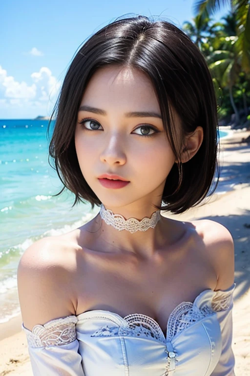(top quality, 16K, masterpiece: 1.3))), (18-year-old girls only: 1.4)), (perfect photo from the waist up), (short bob layered hairstyle, black hair, with bangs)), thin white lace choker, white off-shoulder dress with lace and ruffles, ((realistic texture of face and skin)), (((very detailed eyes, sharp pupils, realistic pupils, sharp focus)), very large eyes , very long eyes, slightly distant eyes, small hanging eyes, double eyelids, very long eyelashes, very small and very thin nose, very small mouth, very thin upper lip, thin chin, slightly long neck, very thin waist, small buttocks, thin and long legs, small beautiful breasts pointing upwards, gentle gaze staring into the distance, strong summer sunlight and shadows taken against the background of white sand in the sky, blue sky and blue sea of tropical island.