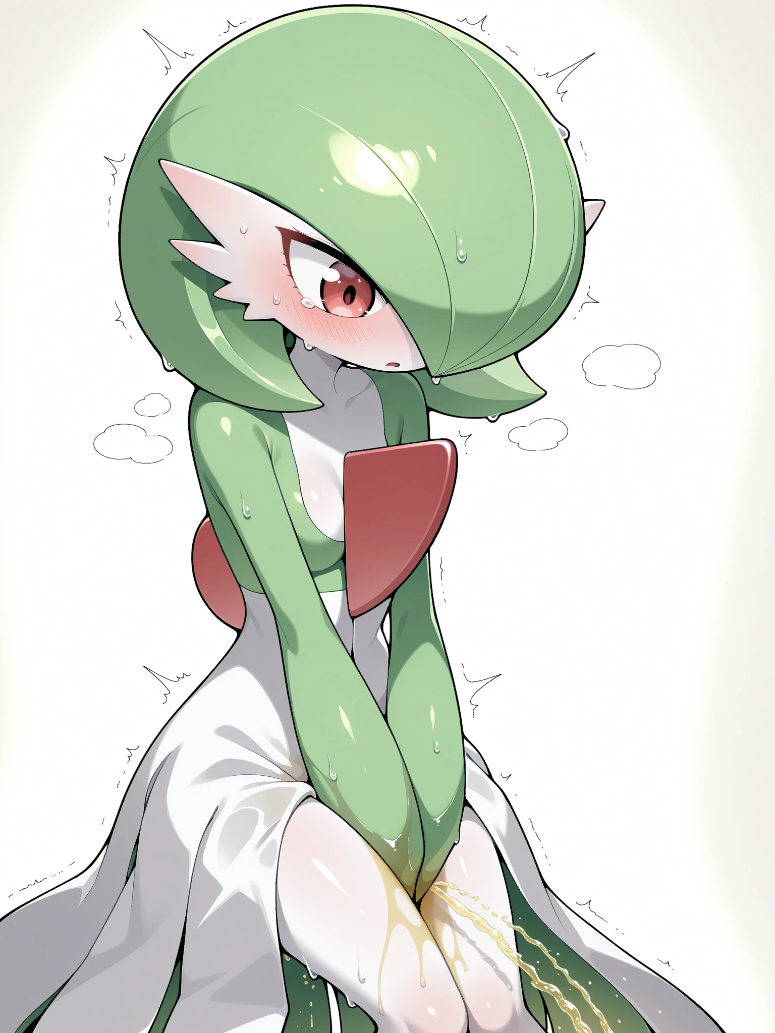 masterpiece, best quality, 1 girl, solo, kirlia, green hair, red eyes, white dress, green skin, short hair, wide hips, thick thighs, huge round ass, medium breasts, kiss, love, dark circles, freckles, sad, dynamic poses, ultrasharp, 8K, masterpiece, looking at viewer