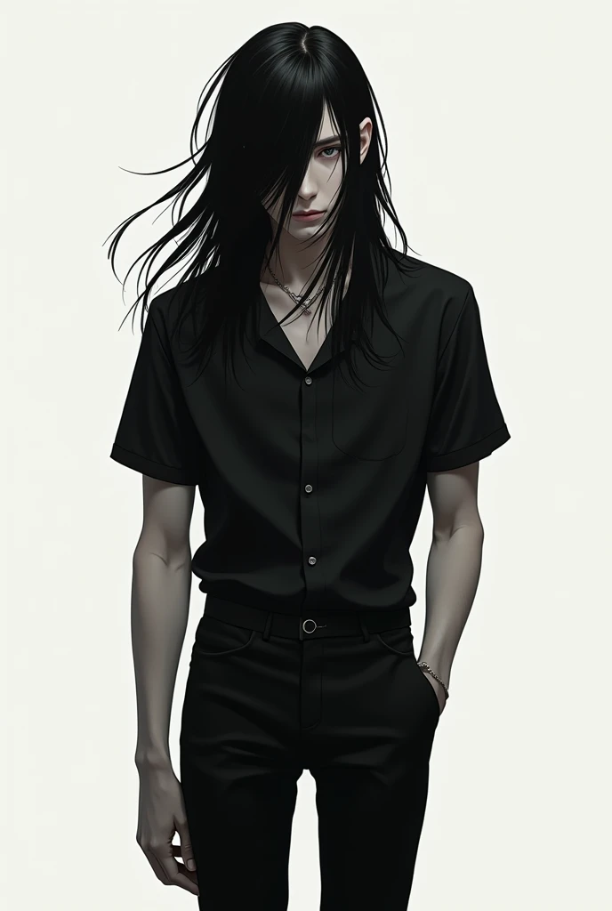 Tall boy, long straight black hair, ojos negros tired outs, White skin, with a black shirt, masculine, delgado, depressant, with self-harm on the arms, tired out, serious face, selling on the neck, baggy eyes, angel bites piercing, Brigitte