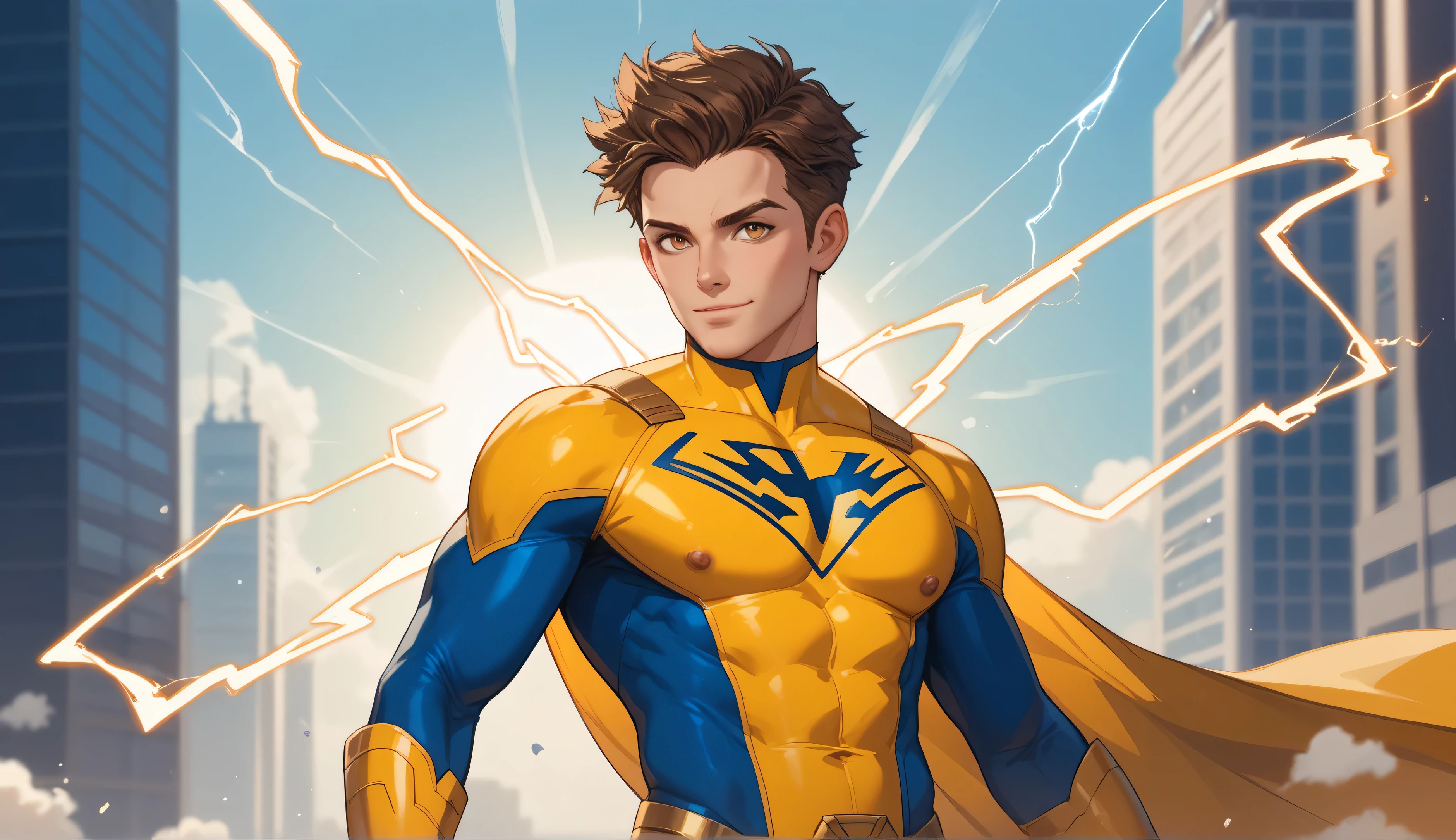 Traje de shazam, traje de color azul, capa blanca, lightning bolt symbol on chest.