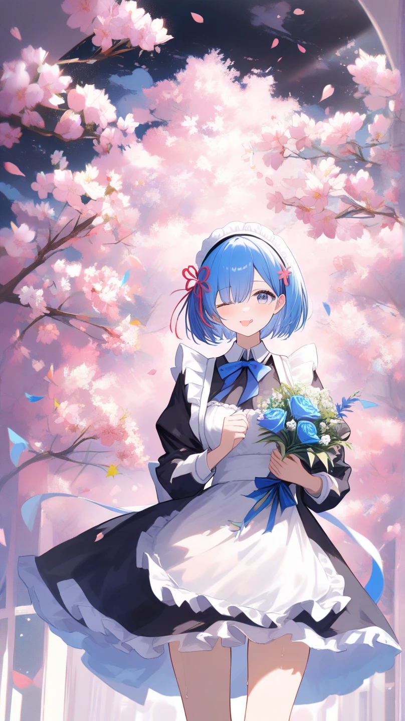 1girl in, Light blue hair, Wavy long hair, rabbitears, Red Eyes, Beautiful eyes, ssmile, Happy, White Dress, bouquet, Holding with both hands, Upper body, on grassland, Blue sky