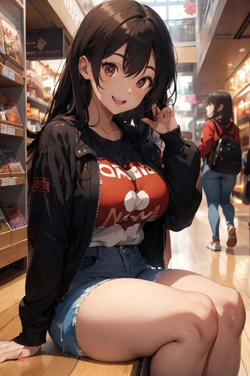 Korean sexy girl, (20 years old), in the shopping mall, hoodie, bra, giggle expression, (from bottom view), (masterpiece, best quality, extremely detailed, hyper realistic)