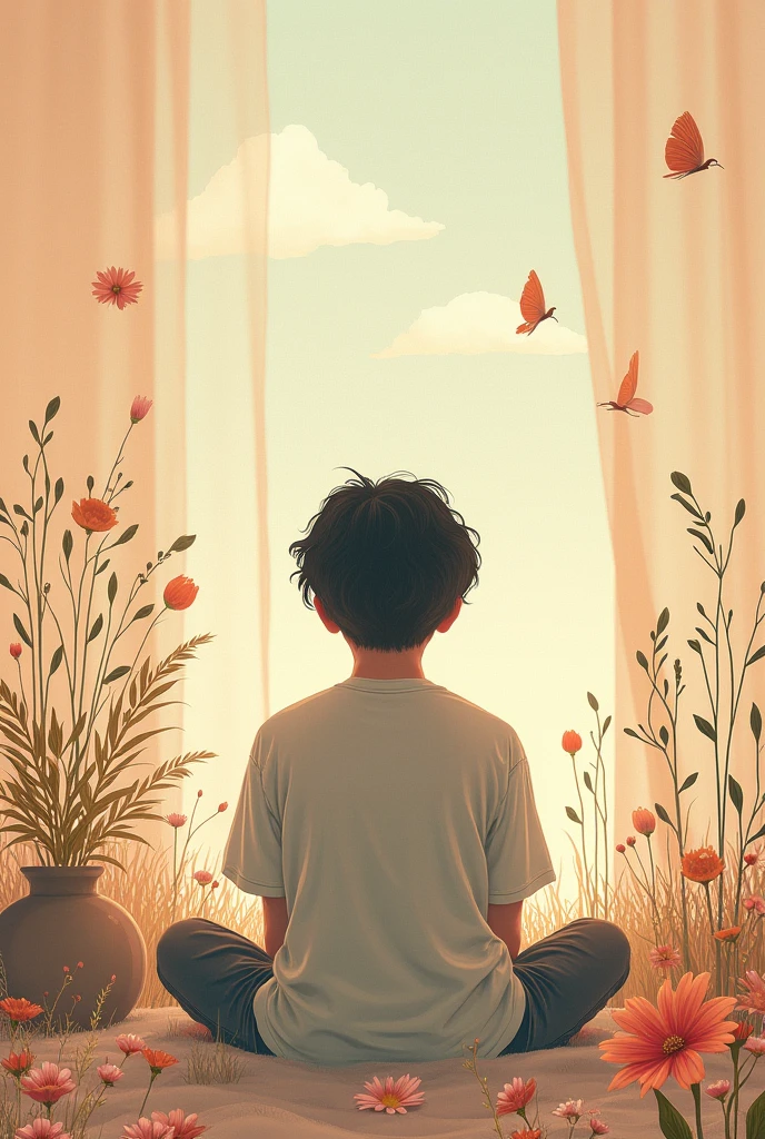 a boy remembered 2019 in a clander on her hand
baground room window open glass outside beautiful gerdent and bird flying on sky