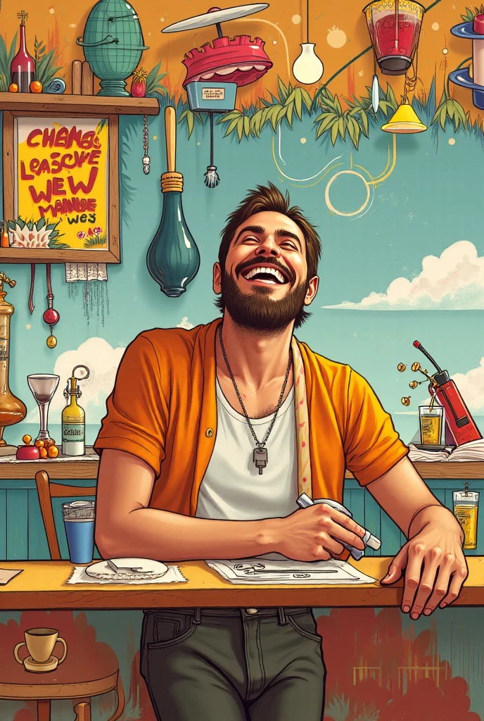 A vibrant, detailed illustration of an anthropomorphic Cat lounging on a beach chair sipping a drink from a half coconut shell. Above Dark blue with a white border bold words: in 3D font "IT'S FRIDAY, MY DUDES". The cat, wearing aviator sunglasses and a patterned Hawaiian shirt, Surrounded by palm trees and golden sand, and azure waves enhance the atmosphere. Retro 80s art style.