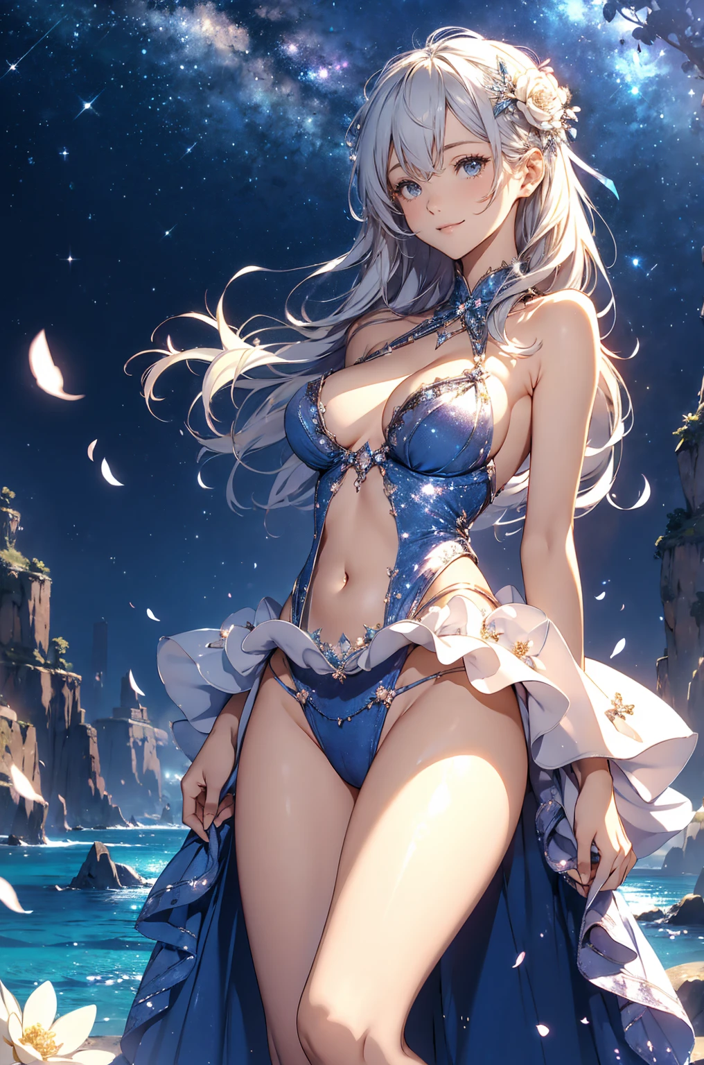 Fantasy World, (((Mysterious Fog))), (((Swimming in the sea))), ((Fantasy-style sexy costume, skirt)), ((Shiny Costumes)), skindentation, skinny, solo, 1 woman, Masterpiece, highest quality, highest quality, 16K, incredibly absurd, highly detailed, 2.5D, ai-generated, delicate and dynamic, very delicate facial expressions, delicate eye depiction, erotic, only sexy woman, ((A cute and kind face)), healthy figure, ((25-year-old woman)), 160cm tall, medium firm swaying bust, Sweat,Embarrassed,sexy, ((thin thighs)), (camel toe:0.7), , (Erect nipples,:0.7), shiny and lustrous, facing straight at viewer, (((in heat))), ((Oily_skin)), ((Lots of sweat)), ((dutch angle)), ((erotic pose)), (((Very dynamic pose))), In the mysterious mist of early morning,