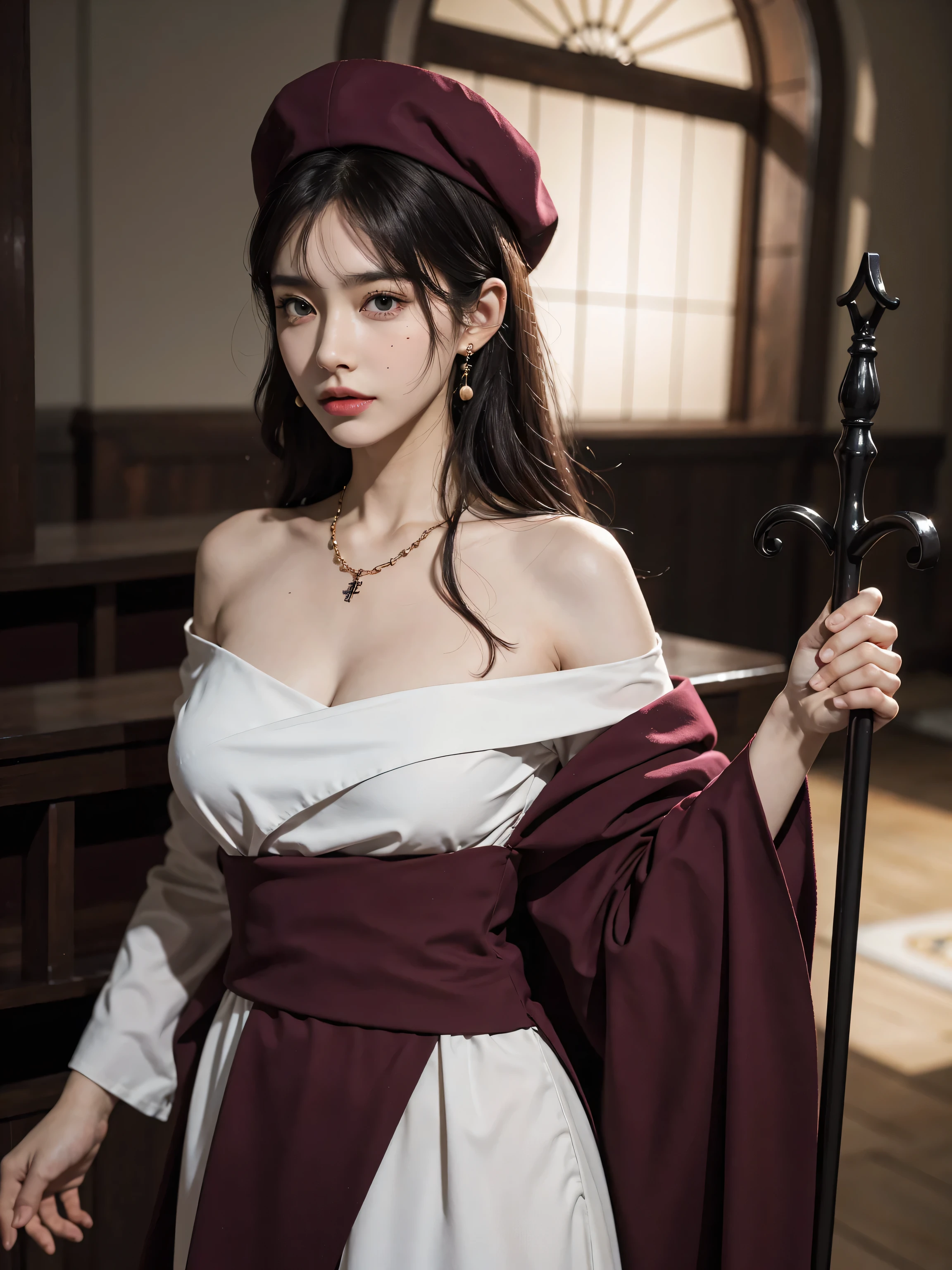 incredibly absurdres, RAW photo, extremely delicate and beautiful, masterpiece, Highest Quality, ultra high resolution, 32k, hyper realistic, realistic, photorealistic, photo-realistic, Real, ultra-detailed description, accurate, award winning, retina, UHD, perfect anatomy, correct body, super Detailed skin, perfect figure, Perfect Style, Perfect balance, super Detailed skin, ideal ratio body proportions, narrow waist, delicate facial features, very detailed eyes and face, realistic face proportions, Realistic beautiful face, Realistic beautiful eyes, tearful mole, earring, very huge round breasts, medium hair, wavy hair, sexy, erotic, seductive, Sensual, Black hair, young girl face, full body shot, Priest, wood necklace, clergy hat, long cloak, dark dull red oversized Priest tunic, long skirt, holding long wood staff, big shoulder bag, off-shoulder,