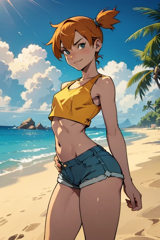 short hair. hair flaps, slim, slender, looking at viewer, tan skin, bikini tan lines, tank top, cropped, underboob, short shorts, (masterpiece), (best quality:1.2), absurdres, intricate details, standing, in forest, palm trees, godrays, (highly detailed skin:1.2), <lora:optionaltypo:1>