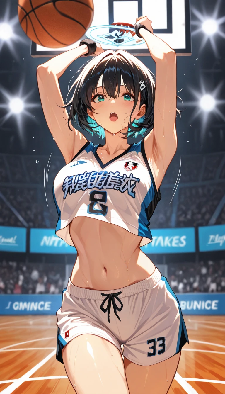 woman,25 years old,brown hair,White and blue silk basketball uniform,short hair,blue eyes,Mansuji, laughter,,I can see your underwear,Full body Esbian, (close shot, highest quality, High resolution, 4k, detailed lighting, shader, NSFW), smile, ( blush:1.2),spread your legs wide,((( on the thigh)))(wet state)
