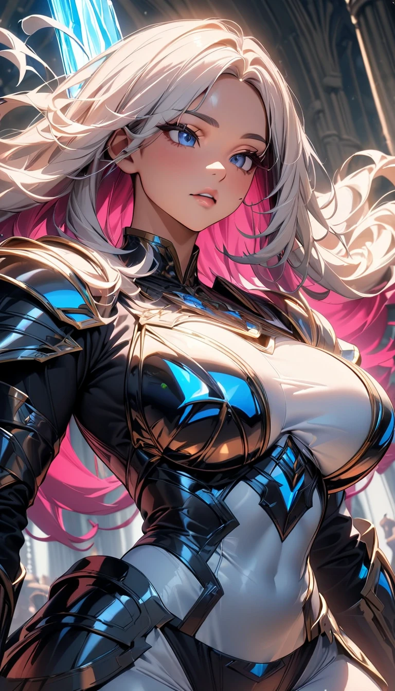 High detailed, 1 girl, gradient 2 colored hair, cyan-pink colored hair, elf ears, extremely long wild hair, wild hairstyle, serious, sapphire colored eyes, sharp eyes, long earings, big busty, firm plump body, silver armor, soft breastplate, bust framing breastplate, silver armor, pointed shoulder pads, silver gauntlets, silver belt, gray long skirt, looking to the viewer