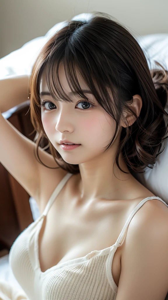 highest quality, masterpiece, ultra high resolution, (realistic:1.4), Super high quality,8k,thinウエスト,thin脚,thin and beautiful arms,beautiful fingers,thin,Medium chest,soft chest,(portrait on all fours) RAW photo, 1 girl,20-year-old,((on the bed)),((Full nude with pastel colored hair)),((long hair、messy hair)),((Bangs short hair)),realistic,picture media chest)),((toothy smile)),((big smile))