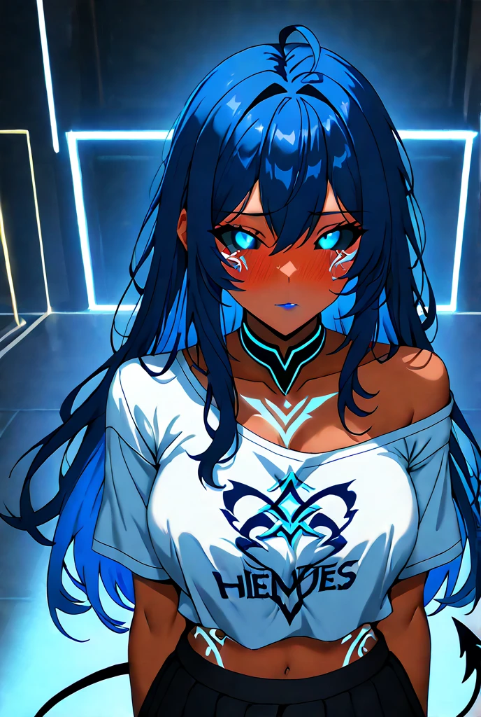 (18y.o) woman with long blue emo hair, (heavy goth makeup), masterpiece, highest quality, 4k, High detail RAW color Photo, sexy woman (in living room) wearing a (white cropped t-shirt:1.2) loose shirt, (thong), (facial piercings:1.2), (proud breasts), huge breasts, visible under boobs, side boobs, (relaxed shoulders), full body, (open stance:1.2), (bright smile), (geometric tattoos), feisty, feminine, hyperrealistic, symmetrical, highly detailed, perfect skin, hasselblad, gigapixel, fit, skin pores, arched back, high detail hair, (sharp body), detailed body.