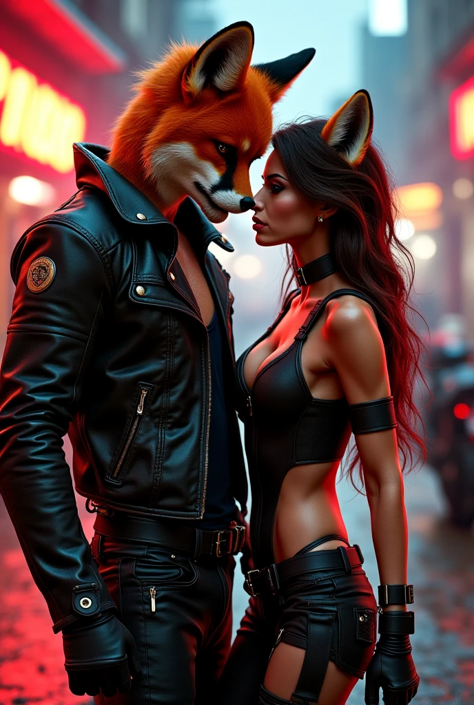 Woman 25 years old, short curly blue hair, green eyes, White skin, orange latex corset, huge breasts, huge buttocks, with fox ears and tail in bar with red neon lights dancing for man with wolf mask with aviator glasses with Adidas sportswear, There are alcoholic beverages, Jack Daniels