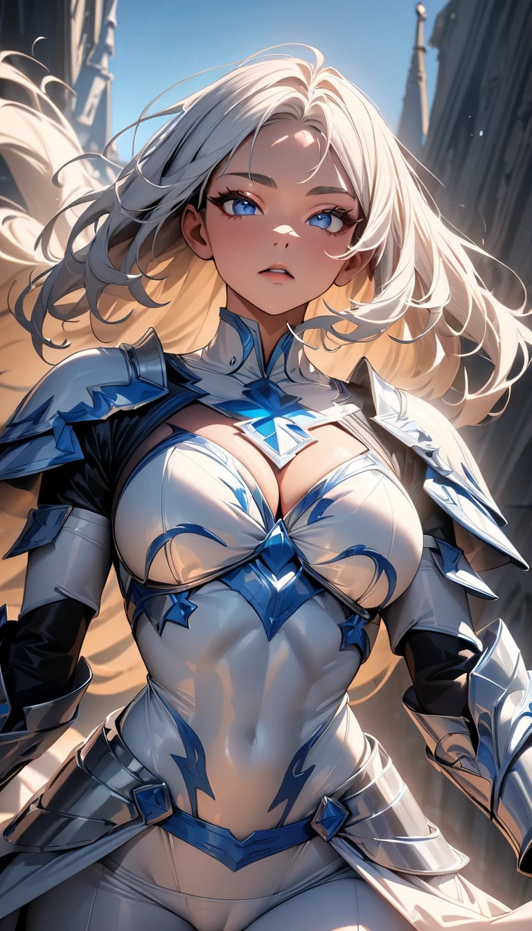 Realistic, (masterpiece, top quality, best quality, beauty and aesthetics: 1.2), very detailed, colorful, most detailed, zentangle, (no background: 1.5) (1girl), blonde hair, long hair, (glowing blue eyes), tan lines, black skin, sexy, mysterious, (magic), crystal, gold ornament , white bodysuits, glowing effect, fantasy, priest, full body view, entire body angle, dynamic pose, dynamic angle, walking