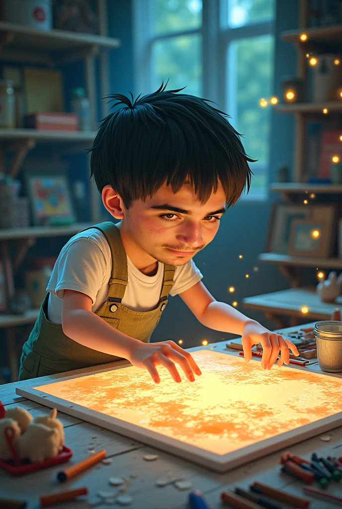 The boy looks at the picture. Side view. Image size 1.:3