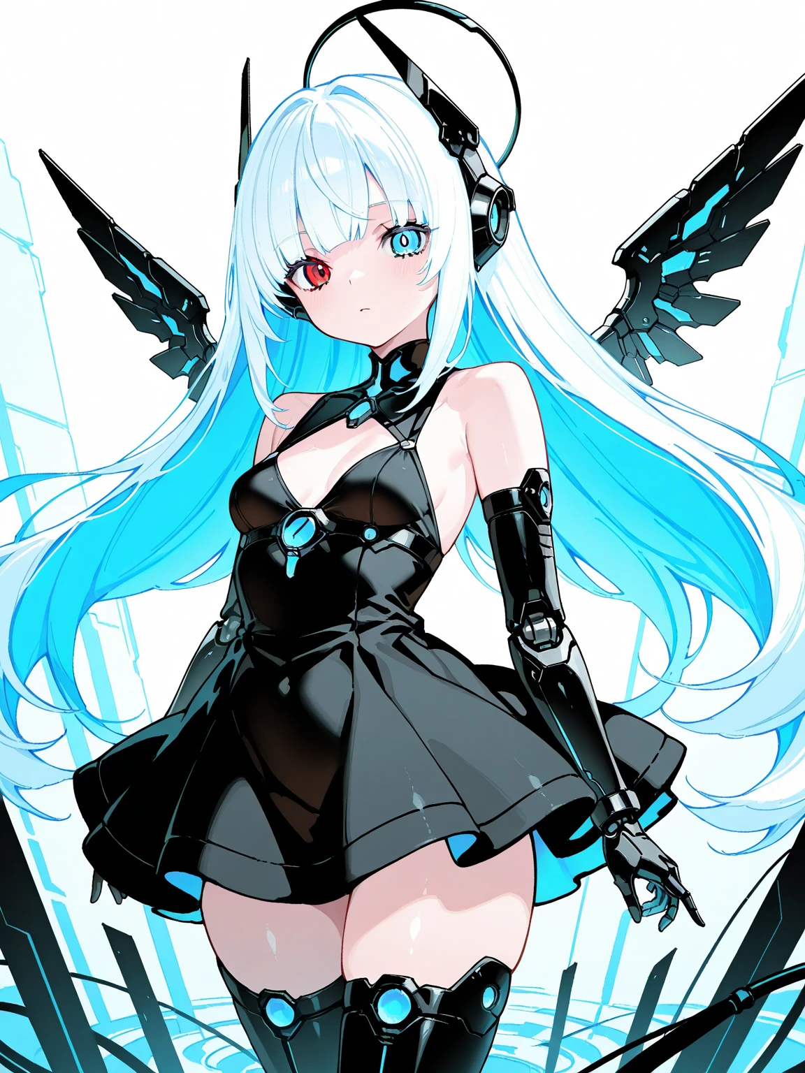 (masterpiece ,best quality, ultra detailed, highres, absurdres:1.2), 
(best quality:1.1),ultra-detailed, high resolution, super detailed skin, beautiful detailed eyes, Brightly Lit, Highly Visible, 8k, sharp focus, perfect lighting, beautiful eyes, extremely detailed eyes, (smooth edges), beautiful face, 
 smile, smile, embarrassed, blush, 
(21 year old model), 
1girl, cyberpunk angel, beautiful woman, blonde hair, long hair, slender, , cyborg, robot joints, mechanical wings, large wings, halo, bright pupils, blue eyes, glowing armor, neon armor, latex dress, neon dress, translucent sleeves, translucent dress, translucent skirt, white stockings, latex stockings, platform boots, neon boots, 
city background, 
cowboy shot, smug, leaning forward, close up,