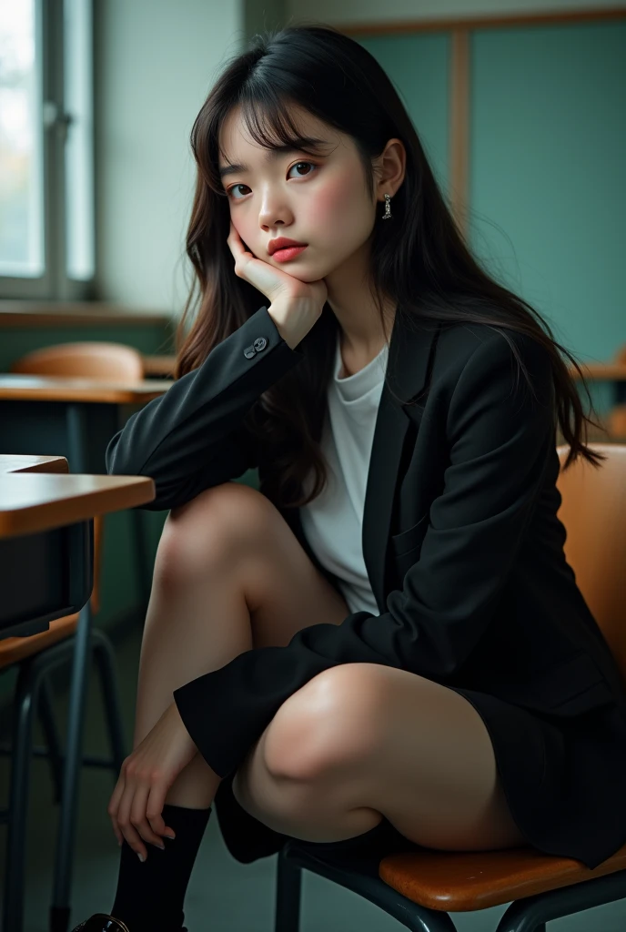Korean girl in school uniform, kneeled down, facing camera