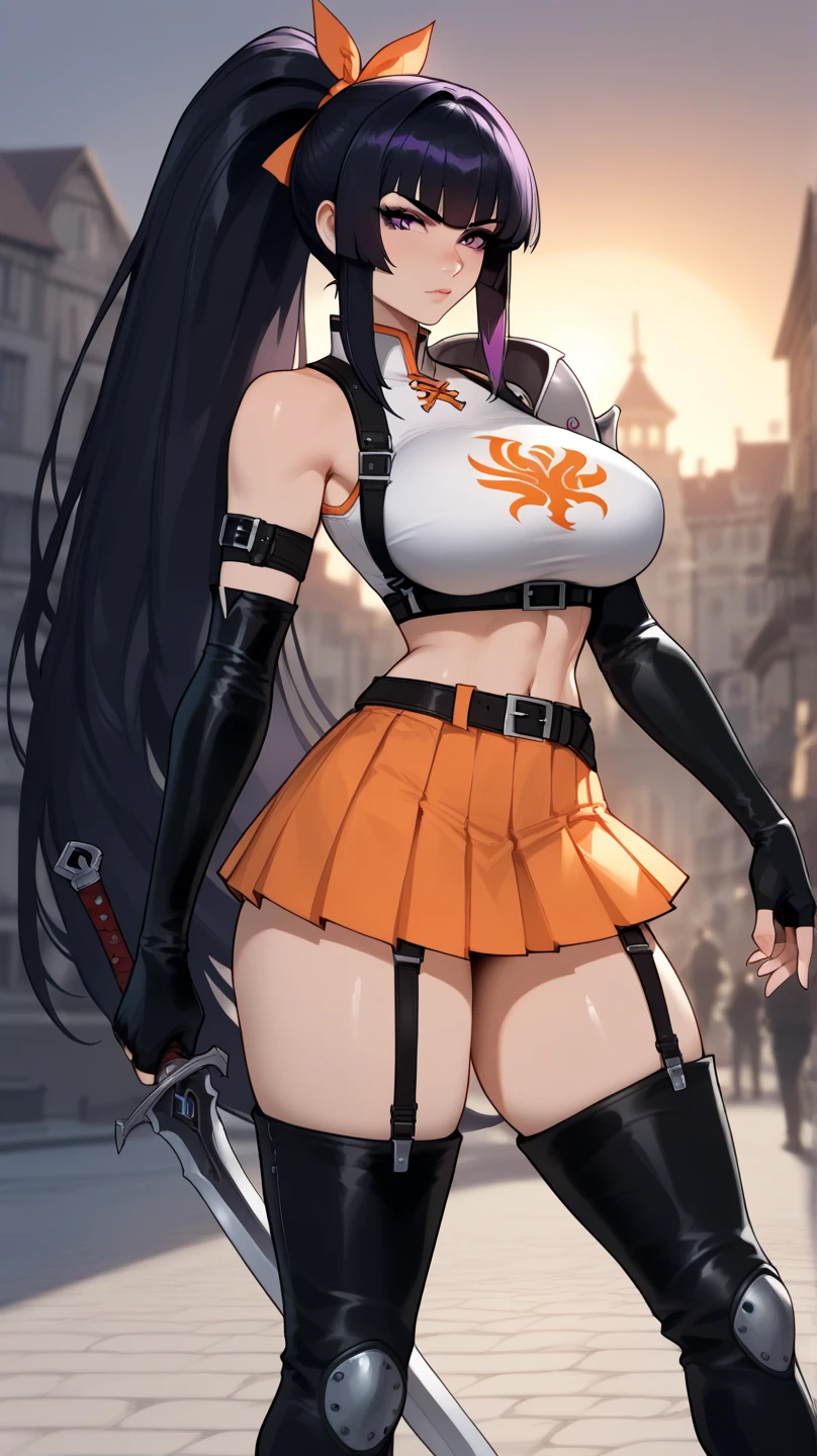 Anime girl, 3D art, standing (stand), 1 girl (solo), hourglass figure, looking at viewer, shy face, blush face, long hair, red hair, purple eyes, park (trees, grass, bench), wearing a black lace bra, wearing a black lace lingerie, wearing a usual black tights, wearing a usual black garter belt, ultra resolution, high detailed, a Head with good anatomy, a body with good anatomy, a hands with good anatomy, a legs with good anatomy, well drawn navel, open navel (visible navel), full body view, visible legs, big size chest (big size boobs),