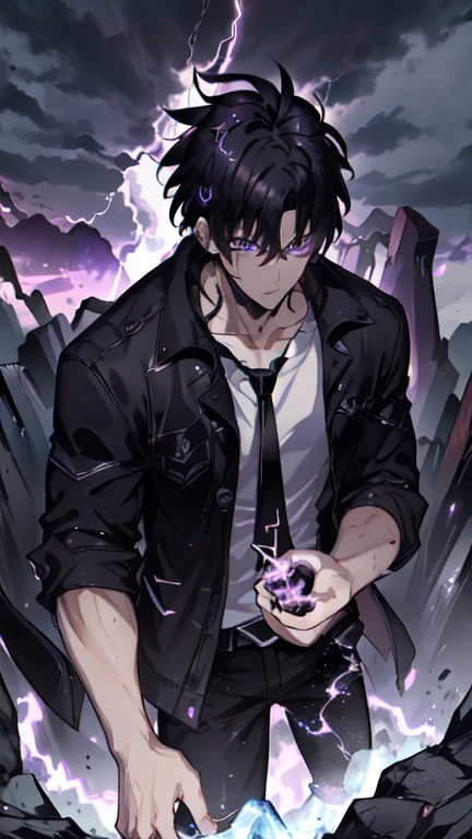 [(BLACK BACKGROUND:1.5),::5], ((((masterpiece)))), high quality, ultra very high resolution, full color, (((solo))), ((little boy)), black hair, ((blue colored inner hair)), ((purple eyes)), anime, ((upper body)), neon light, black parka, (lightning effect:1.2), (Blood effect:1.5)