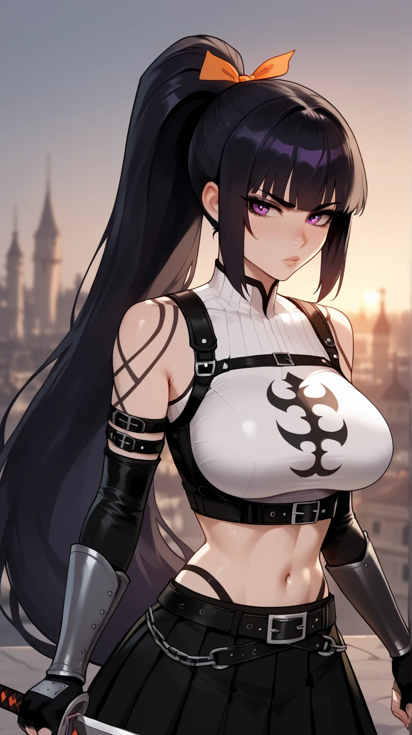 cyan_sung-sun, 1girl, solo, long black hair, purple eyes , large breasts, long hair, lipstick, smile, Hot girl, baddie, staring, glaring, bad attitude, mean girl, dare, angry, hate, crazy, smoking, sensual, attractive, masterpiece, best quality, highly detailed, fantasy , a anime girls in armored dress holding a sword
posing for a picture, evil smile, smile, open mouth, breastplate with open cleavage, cleavage, warrior
outfit, ecchi anime style, anime girls, ecchi style, (nsfw) not safe for work, ecchi, digital anime art!!, in
anime style, official artwork, visual novel cg, beautiful anime girl, anime style 4 k , loincloth, exposed
belly, exposed navel, exposed midriff, exposed lower belly, pencil skirt armored, castle,inside castle
