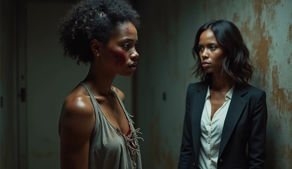 Two poor black women with their family and both with a knife and blood