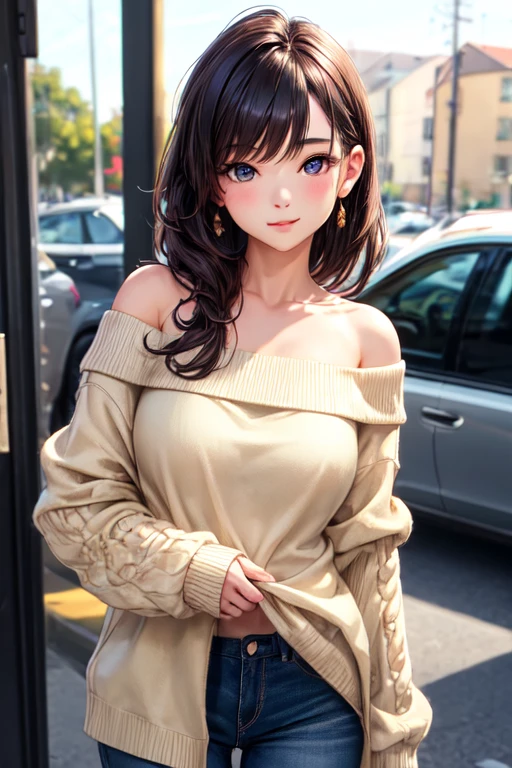 ((Highest quality)), ((masterpiece)), (detailed), 1 girl, Off-the-shoulder sweater,