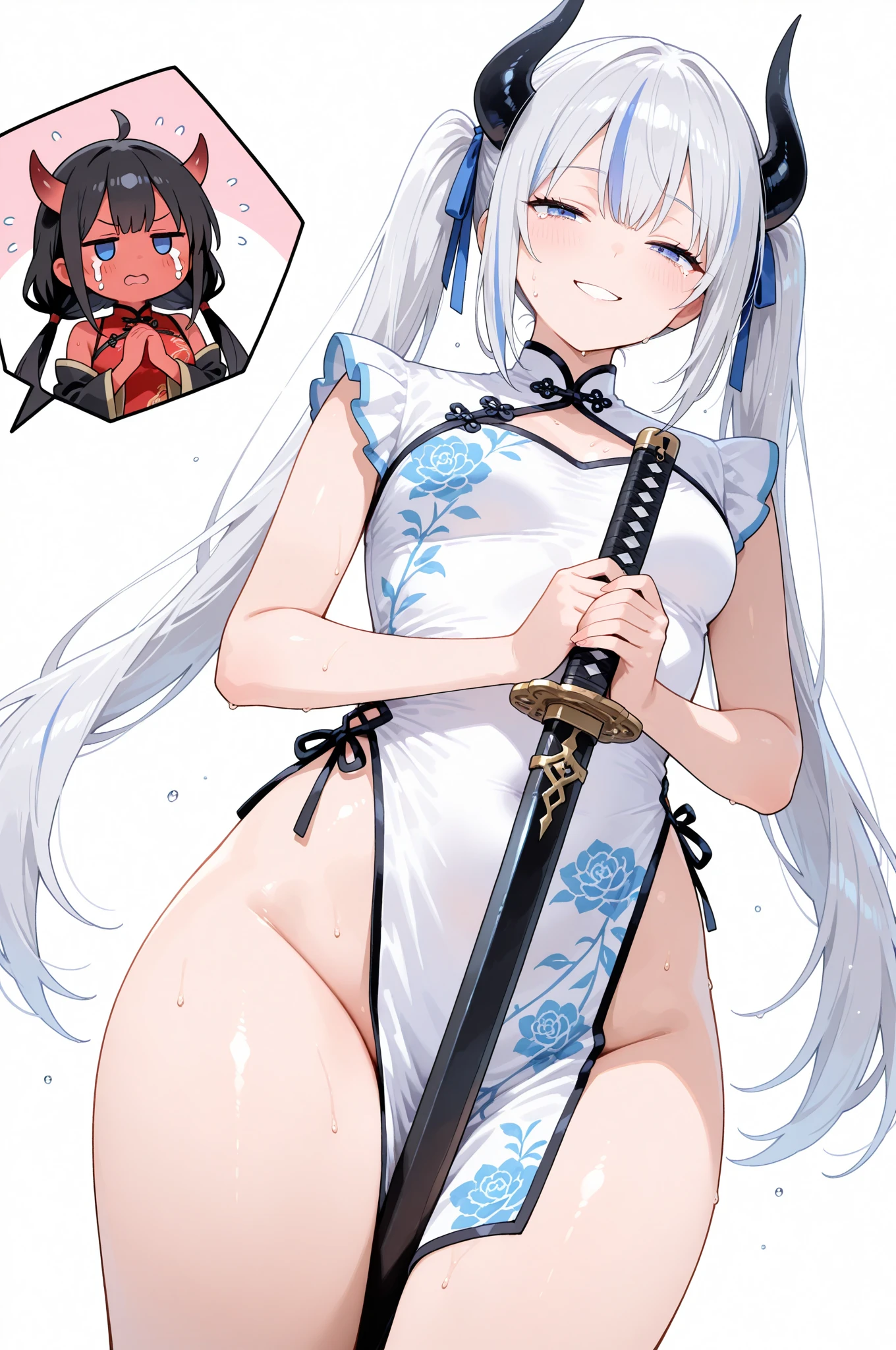 ((Highest quality)), ((masterpiece)), (detailed)Gray Hair　long　Red Eye　sword　Cool pose　in the forest　human　naked　Big cock　Futanari　Sweat

