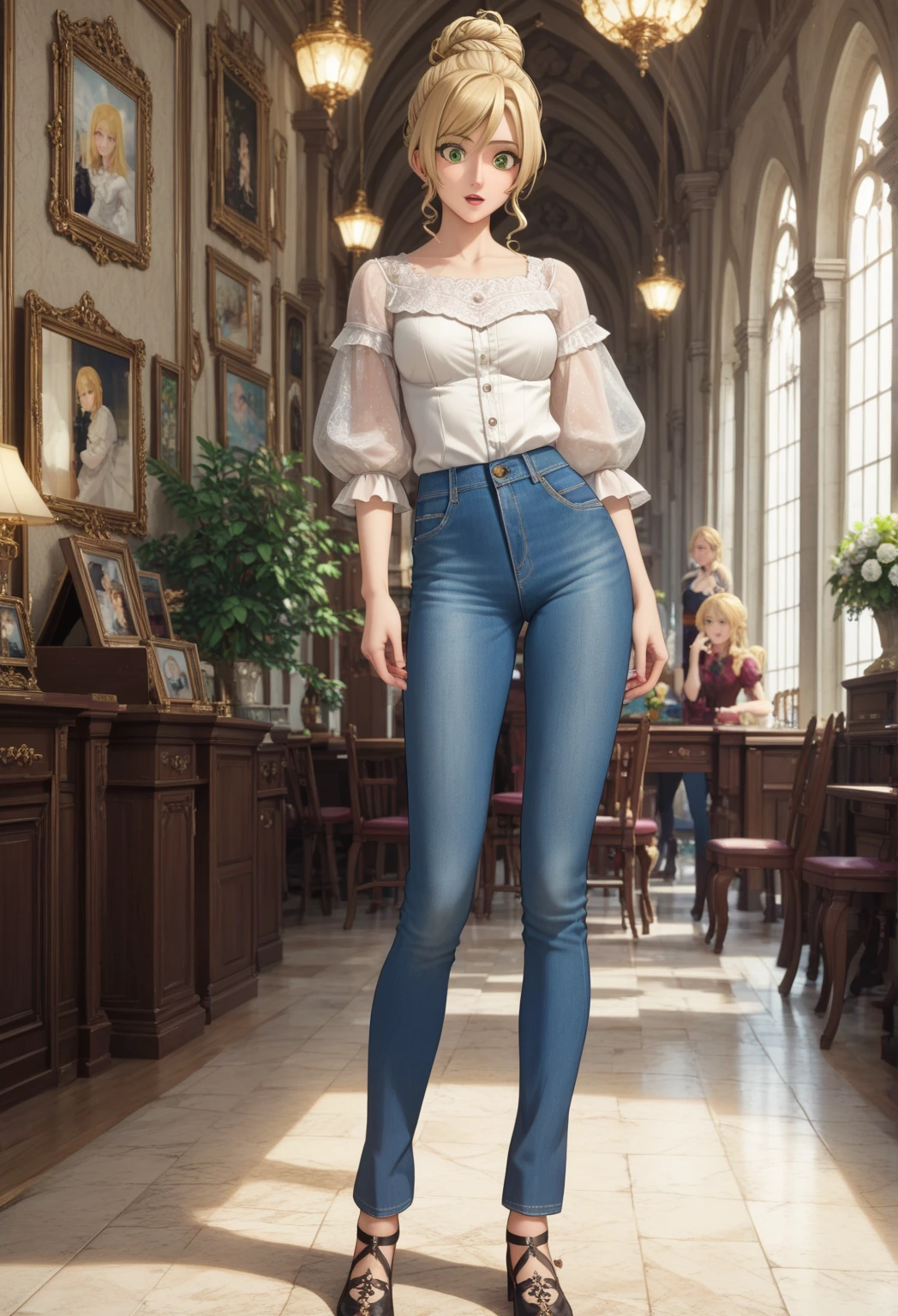 merula, full body, thighs, high heels, solo, nude tits, bootcut flare jeans
