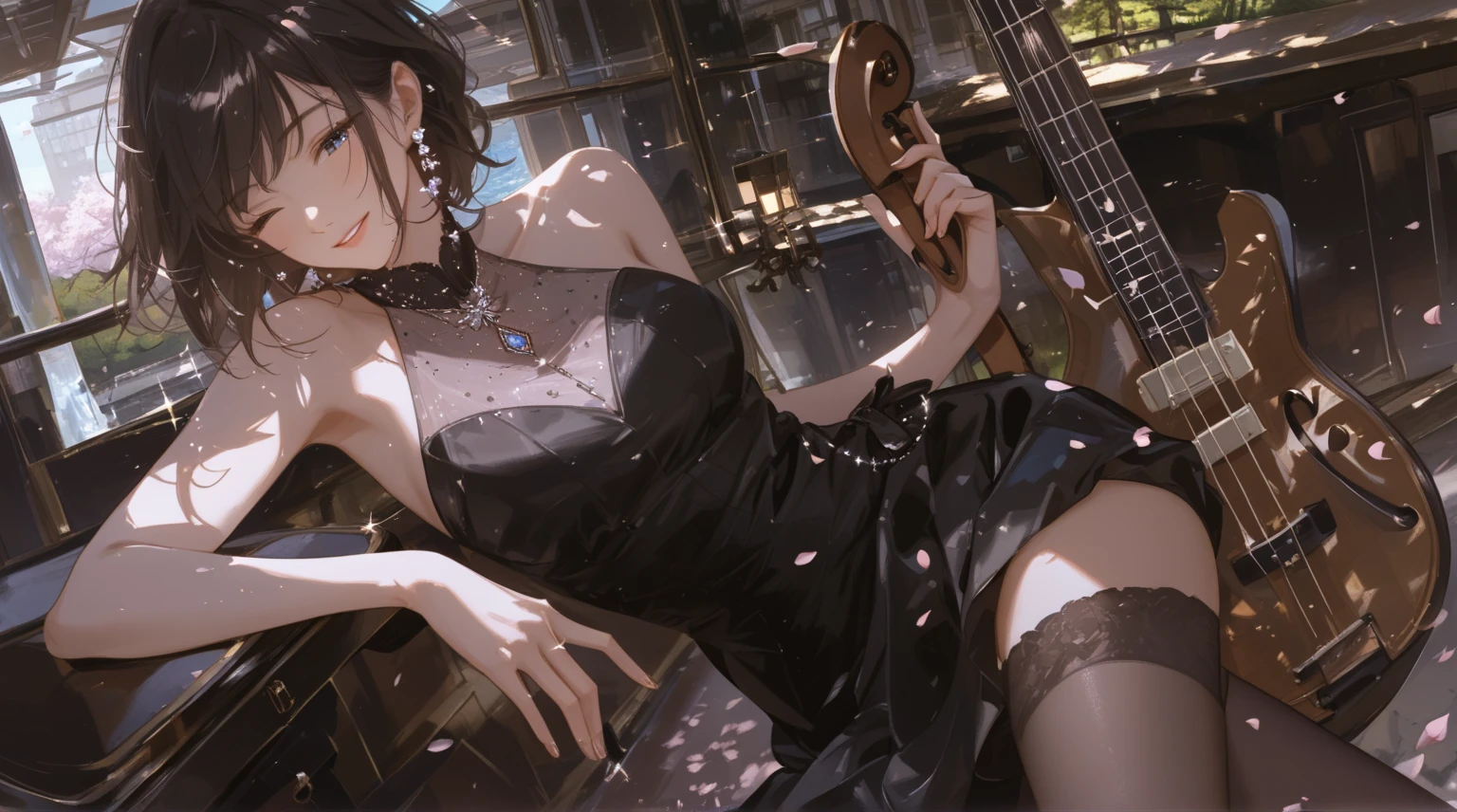 (masterpiece, Highest quality, High resolution, Super detailed, Highest quality), Detailed body, Detailed face,
Blake 1 Female, Tight waist, Black short hair, Black Eyes Break Jazz Pianist, Maxi Dresses, Grand piano, (Piano performance:1.Place the piano:1.3), Dim lighting, Dark Stage, from the front, avert your eyes