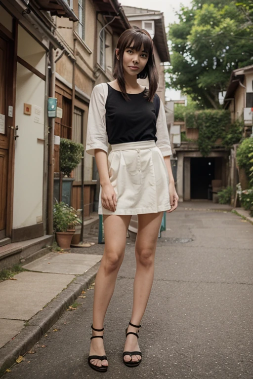 Open shirt, (((Leaning forward))), ((,Round face, Around 17 years old,mini skirt、Loose fitting tank top)), Long Hair, , Natural Makeup, Lips become thicker, Sexy Gaze, barefoot, ((Raise one leg)), Shooting from below,Gentle expression ,((Extremely precise and accurate anatomy)), (masterpiece:1.43), Perfect Proportions, Realistic photos, Full Shot, whole body, (height: 165cm),