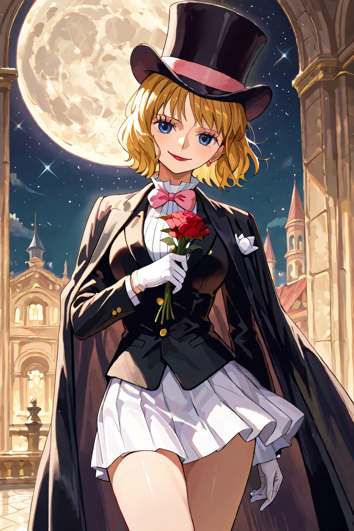 (masterpiece, 2k, high detail) solo, 1girl, stussy, one piece, short hair, blonde hair, red lipstick, blue eyes, sleek legs, large black silk top hat, pink band, black tuxedo jacket, white shirt under tuxedo jacket, pink bowtie, white miniskirt, ((white gloves)), (smiling, graceful, serene, charming), (dapper), posing in a marble courtyard, night scene, starry background, full moon in the sky, stiff posture, holding a bouquet of flowers in one hand, offering the bouquet of flowers to viewer, (prim and proper pose, elegant pose), razzle dazzle vibes, close up shot, facing the viewer,