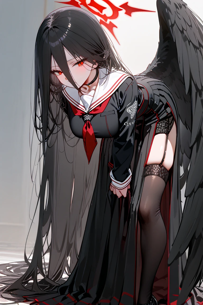 underdressing,High heel,Expression of disgust,Red Eyes,Sweat,Soaked,liquid,transparent,Cropped tops,nun,stocking,Black pantyhose,Sitting