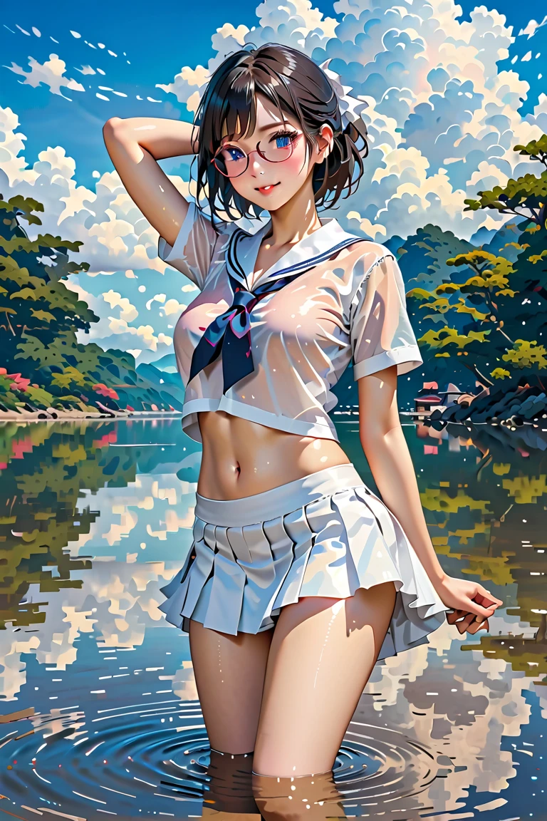 Cornflower art, dreamy, (masterpiece, top quality, perfect anatomy, beautiful face, realistic, super detailed, 1 girl, 18 ears senile, solo, depth of field, canon 24mm lens, f1.4, cute_girl, sailor_ collar, clear facial features, short sleeves, small breasts, slender stature, height 170, barefoot, double ponytail, bangs, gravure pose, outdoor, jungle, Blurred background, (Uwabaki: 1.1576)) Drenched all over, clear liquid dripping from the crotch, the front of the shirt is exposed, the breasts are visible, transparent bra, light blue striped buns,