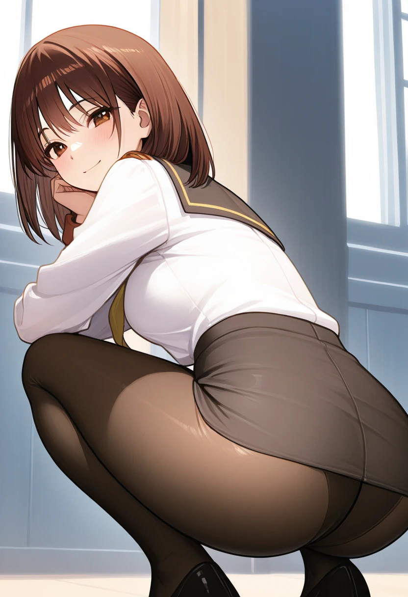 Highest quality, masterpiece, High resolution, (Head to Toe full body), front, frontやや下からの構図, Symmetric, Tall 18 year old girl, alone, (Head to Toe), (Small breasts), disheveled brown hair, bangs, (black tights), (Black Pantyhose), (Sit with your legs apart), (Crouching pose), (A composition showing white panties), (She has her legs spread and her white panties are visible.), (Sit on the floor with your legs spread), (M-shaped foot), Thin legs, とても美しくTall 18 year old girl, (No shoes), blush, Shy big eyes, Looking into the camera, Blazer Uniform, Checkered Pleated Skirt、Kumiko Oumae