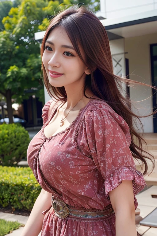 Half-body attractive portrait, Nikon D850, 1 1 1.6 Lenses, 200mm, Digital SLR, 22 megapixels, (((Villa garden view))), Shot of a beautiful 19-year-old Korean girl, (smile:1.4), (Wearing a long blush red floral dress:1.6), ((Seductive pose)), Hot Girls, (((large natural breasts))), (((Black Fringe Hair))), (Little Girl), Symmetrical face, Realistic, photograph, (Bright natural light), nice, Deep valley, (masterpiece), Highest quality, High resolution, Very detailed, Cinema Lighting, (((Very small waist))), Rich colors, Ultra-realistic, Realistic texture, ((jewelry)), (((She has beautiful hands、Wearing a ring))), (bracelet), (necklace), (Ankle Chain), (Manicure) (Earrings), Fuji Superia 200, 8k