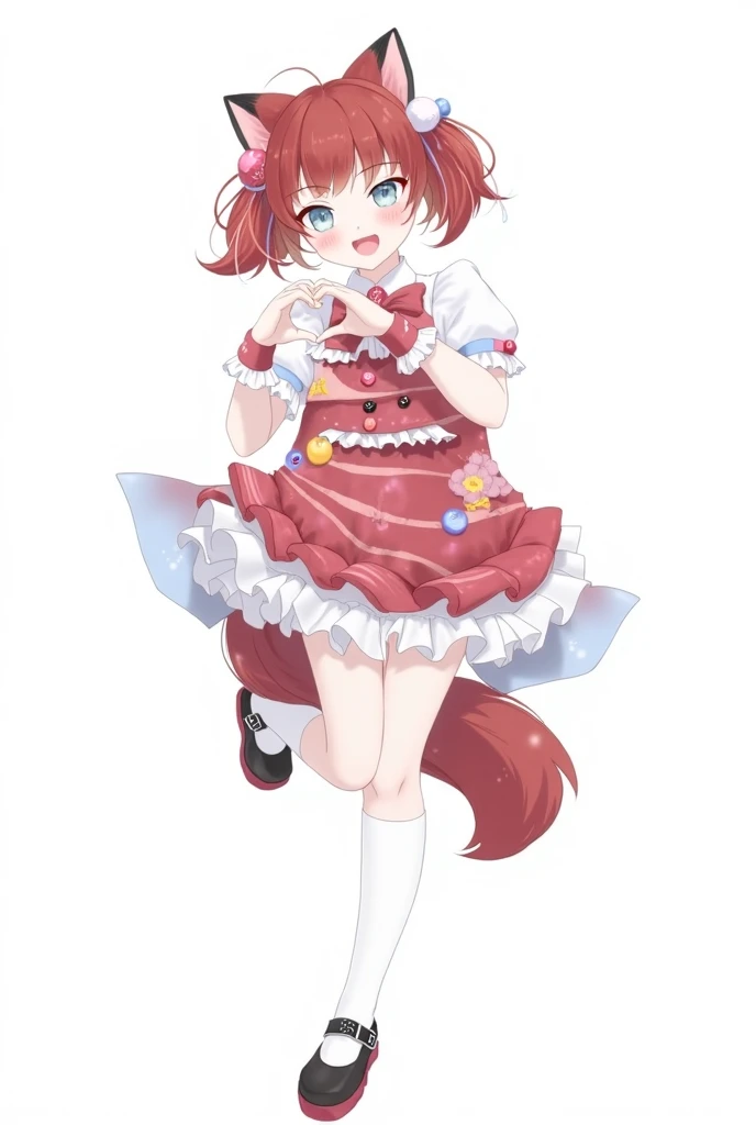 A cute chibi with red hair in pigtails with braids and red eyes and a white chooped with fur and on her hand a white glove with fur and with tattoos on her belly on the right side and background images full of small hearts.